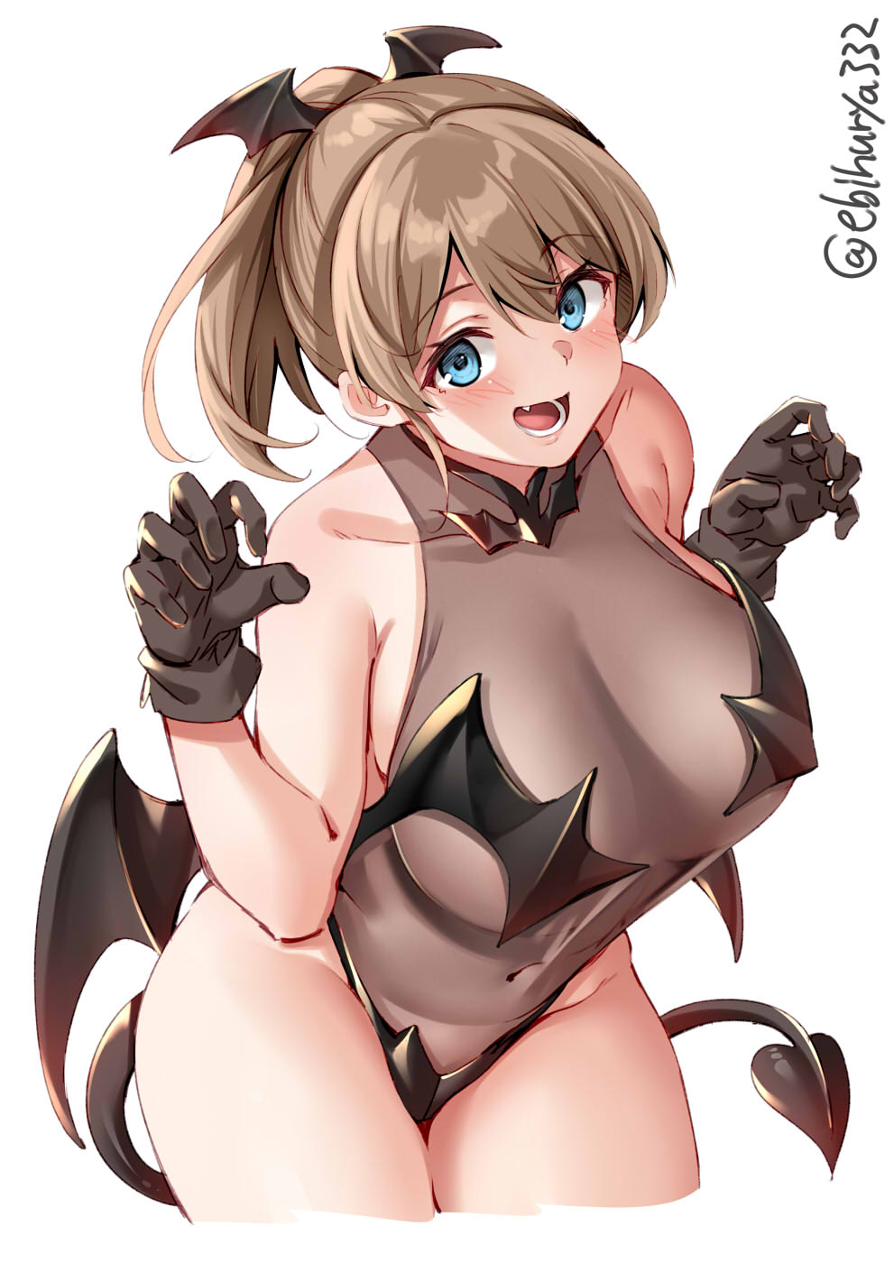bangs, big breasts, black gloves, blue eyes, blush, breasts, cute fang, demon, demon girl, demon tail, demon wings, ebifurya, female, female only, gloves, hair ornament, intrepid (kantai collection), kantai collection, leotard, light brown hair, looking at viewer, navel, open mouth, ponytail, see-through clothing, sleeveless, solo, succubus, thighhighs