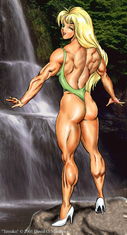 ass blonde_hair character_name dcmatthews female female_only full_body high_heels long_hair muscular muscular_female outside photo_background rear_view solo solo_female swimsuit tetsuko waterfall