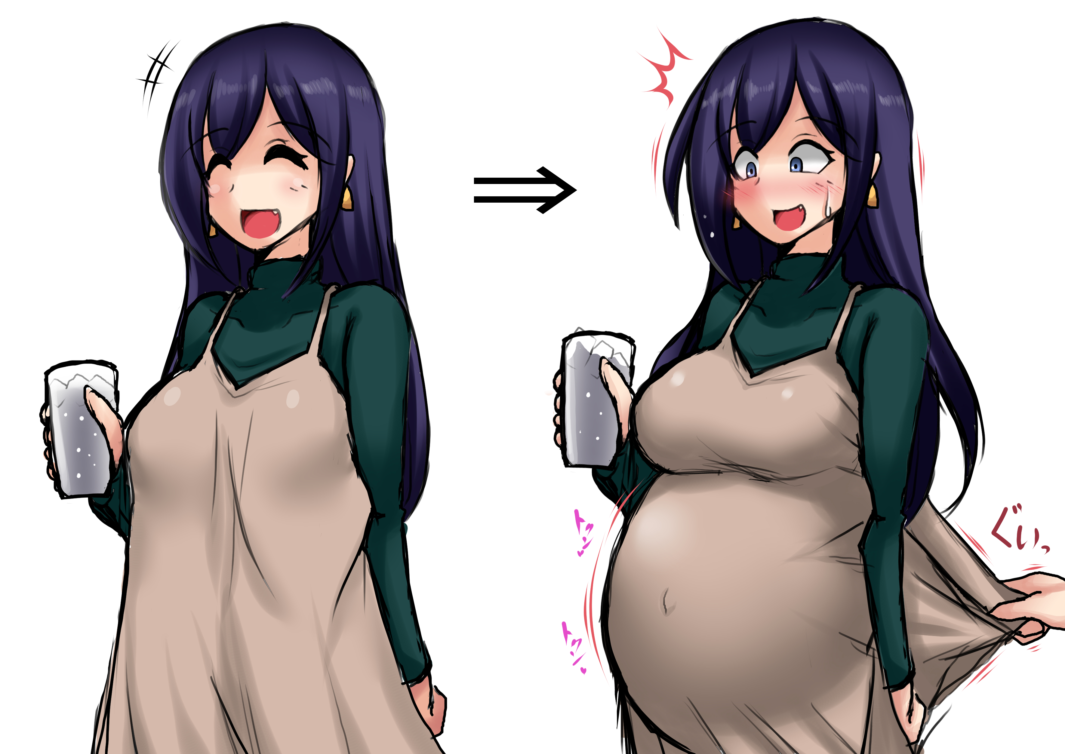 anago nia, big breasts, black hair, blush, breasts, clothes pull, cute fang, earrings, embarrassed, female, female only, fully clothed, funny, hair down, kantai collection, long hair, long sleeves, maternity clothes, maternity dress, pregnant, solo, souryuu (kantai collection), sweatdrop, turtleneck