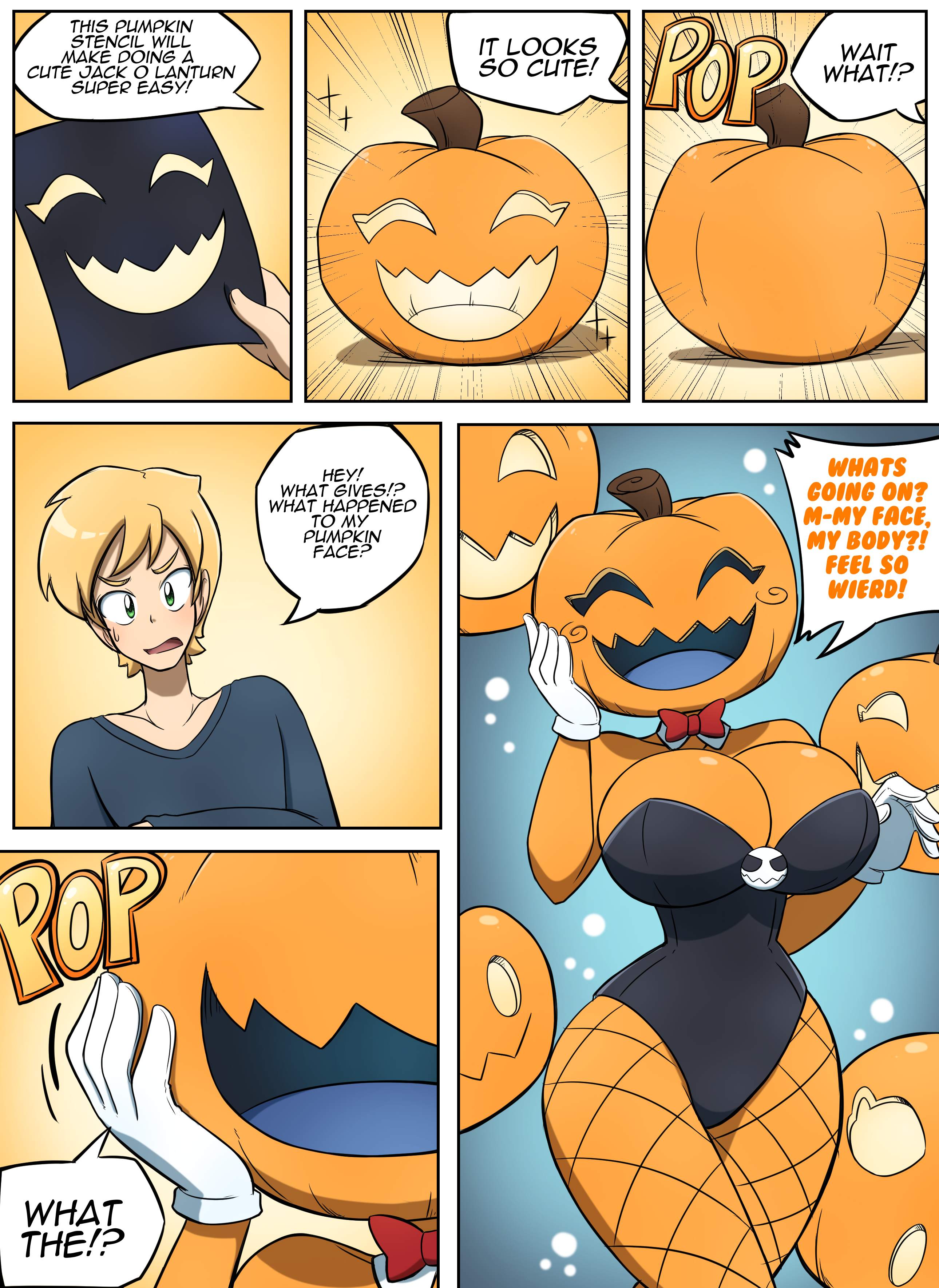 1boy, 1girls, ass, ass expansion, breast expansion, breast growth, breast growth (enlargement), breasts, english text, female, fishnets, halloween, jack-o'-lantern, kobi-tfs, large ass, large breasts, leotard, male, plant girl, plant transformation, pumpkin, pumpkin girl, pumpkin head, species transformation, takeover, text, transformation