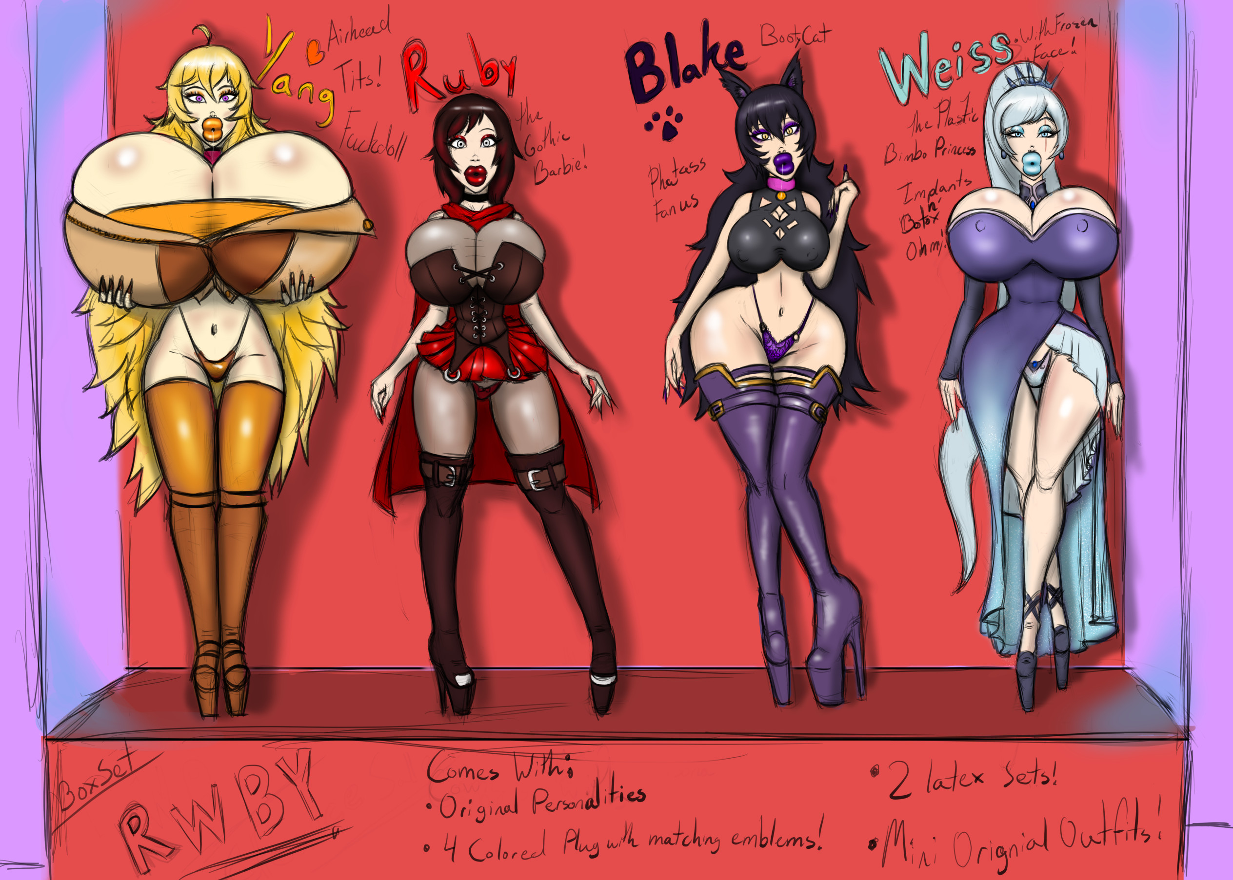 ass, bimbo, blake belladonna, boots, bottom heavy, bradtanker3, brain drain, breasts, faunus, female, high heel boots, high heels, huge ass, huge breasts, human, hyper, hyper bimbo, hyper breasts, large ass, large breasts, platform heels, round mouth, ruby rose, rwby, tagme, take your pick, team rwby, thick lips, thick thighs, weiss schnee, wide hips, yang xiao long