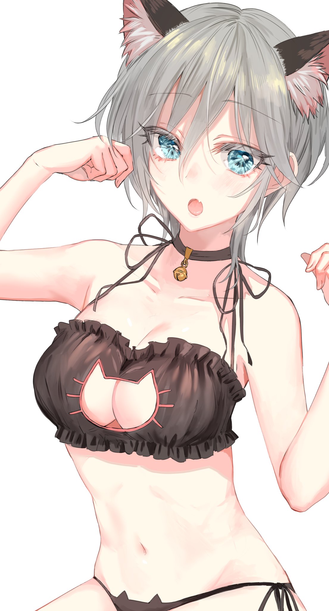 anastasia (idolmaster), aqua eyes, belly button, black bra, black panties, blush, breasts, cat cutout, cat ear panties, cat ears, cat lingerie, choker, cleavage, cleavage cutout, eyebrows, eyebrows visible through hair, eyelashes, eyelashes visible through hair, fang, female, female only, hair between eyes, neck bell, open mouth, panties, rum raisin (chihiromakita19), short hair, side-tie panties, silver hair, simple background, tongue, white background