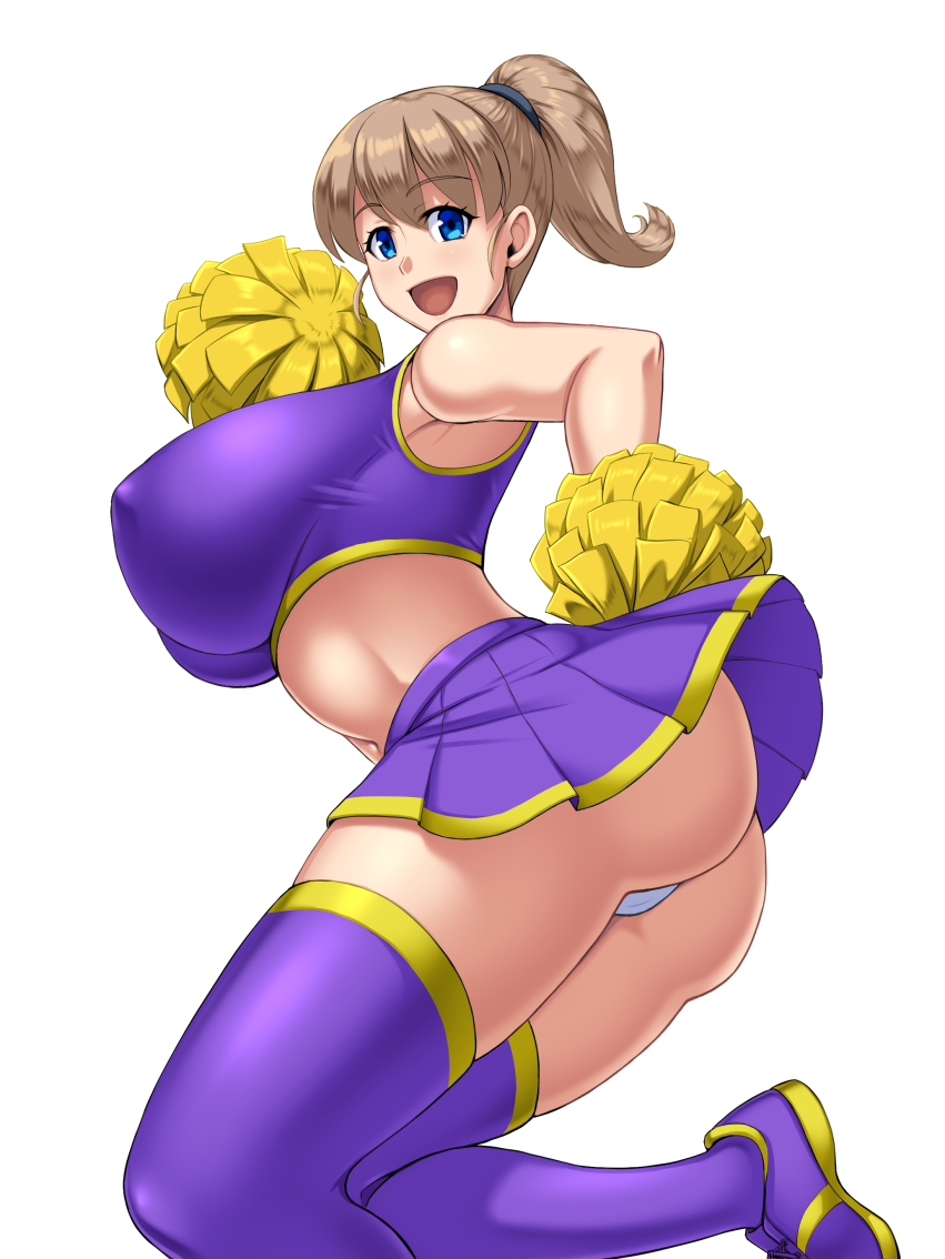 bangs big_ass big_breasts blue_eyes cheerleader cheerleader_uniform crop_top female female_only huge_breasts intrepid_(kantai_collection) kantai_collection kawanuma_uotsuri light_brown_hair looking_at_viewer nipple_bulge open_mouth panties pleated_skirt pom_poms ponytail smile sneakers solo tank_top thick_thighs thighhighs upskirt white_panties