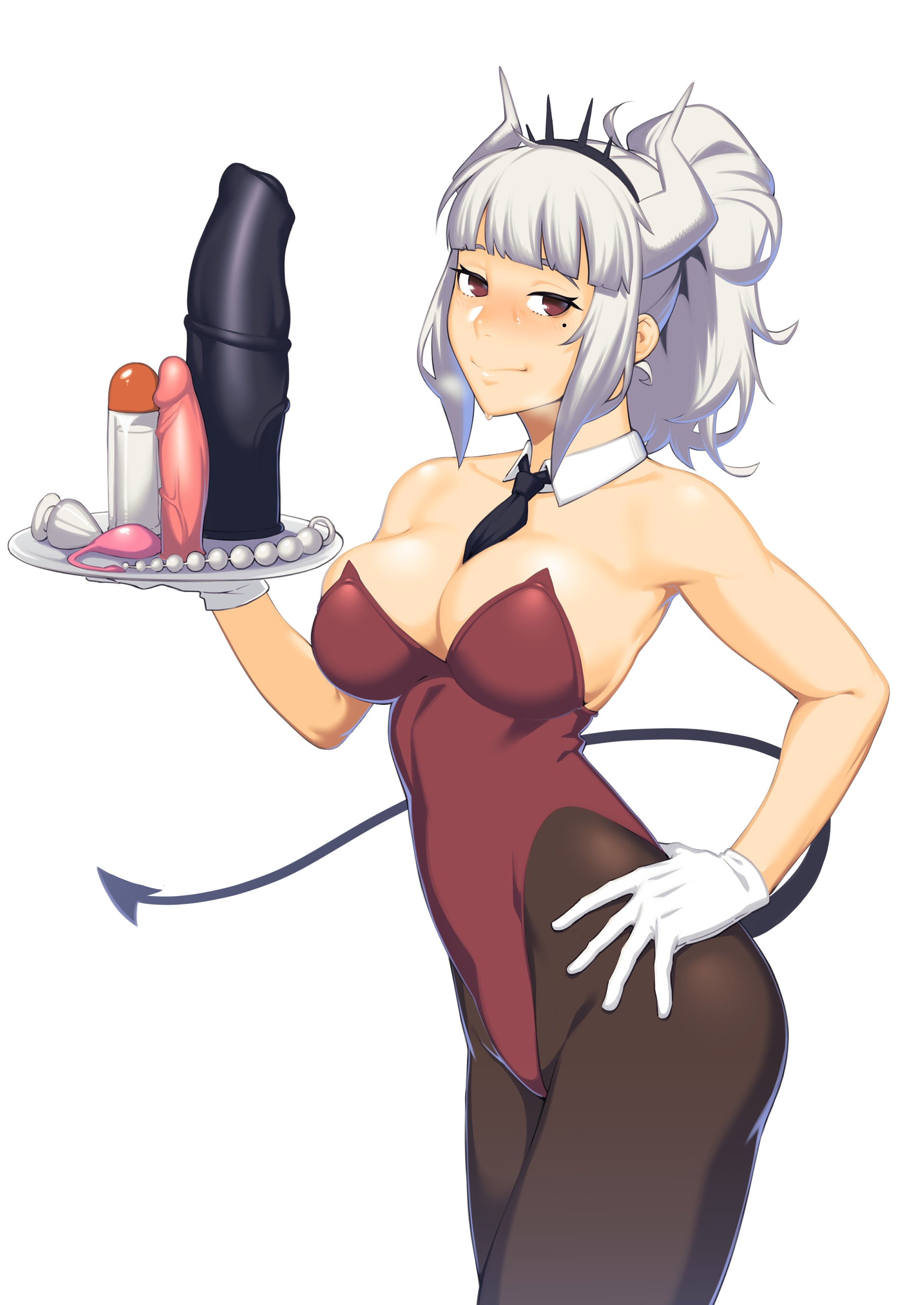 anal beads, anal plug, bunny girl, bunnysuit, buttplug, demon tail, dyun, female, helltaker, holding object, holding tray, horns, looking at viewer, lucifer (helltaker), medium buttplug, multiple dildos, red eyes, white hair, white horn