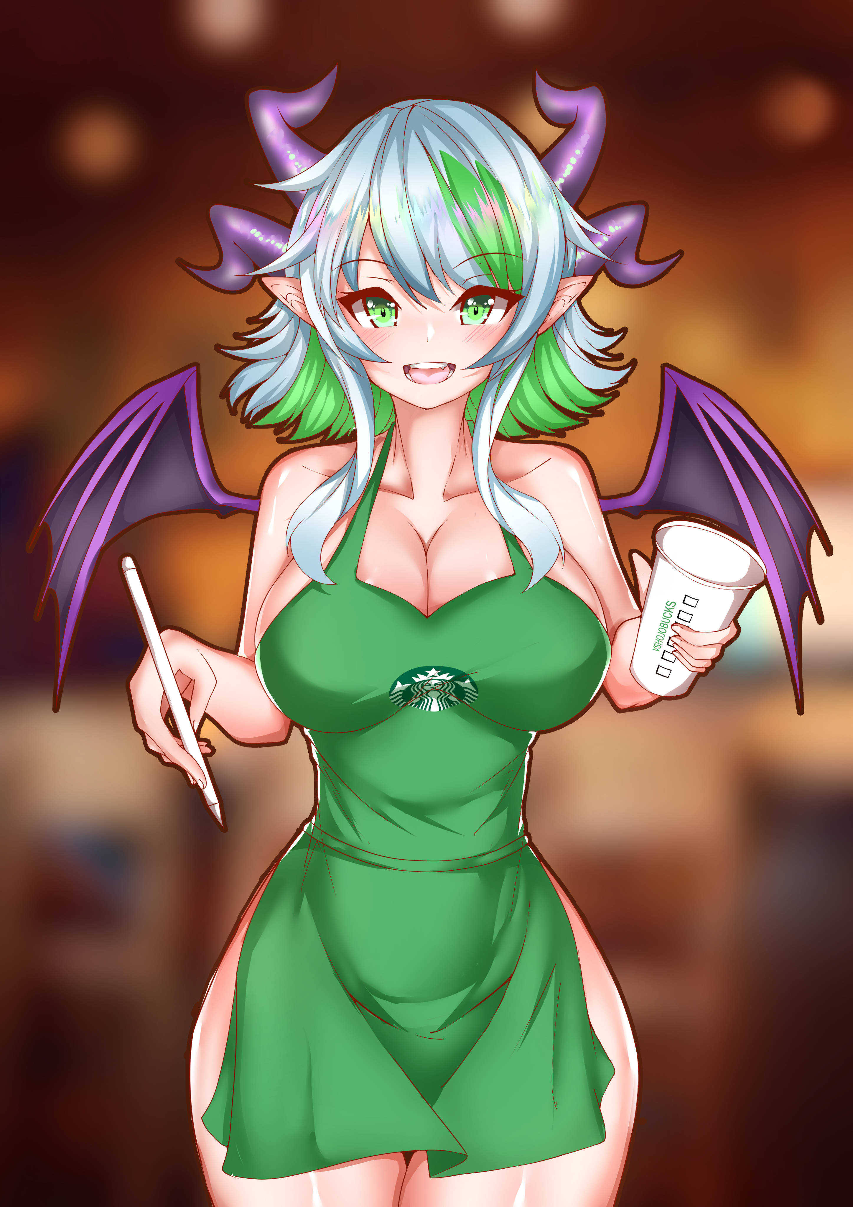 1girls, apron, breasts, female, froot, horns, iced latte with breast milk, lich, light skin, light-skinned female, meme, naked apron, okine, pointy ears, solo, starbucks, virtual youtuber, vshojo, wings