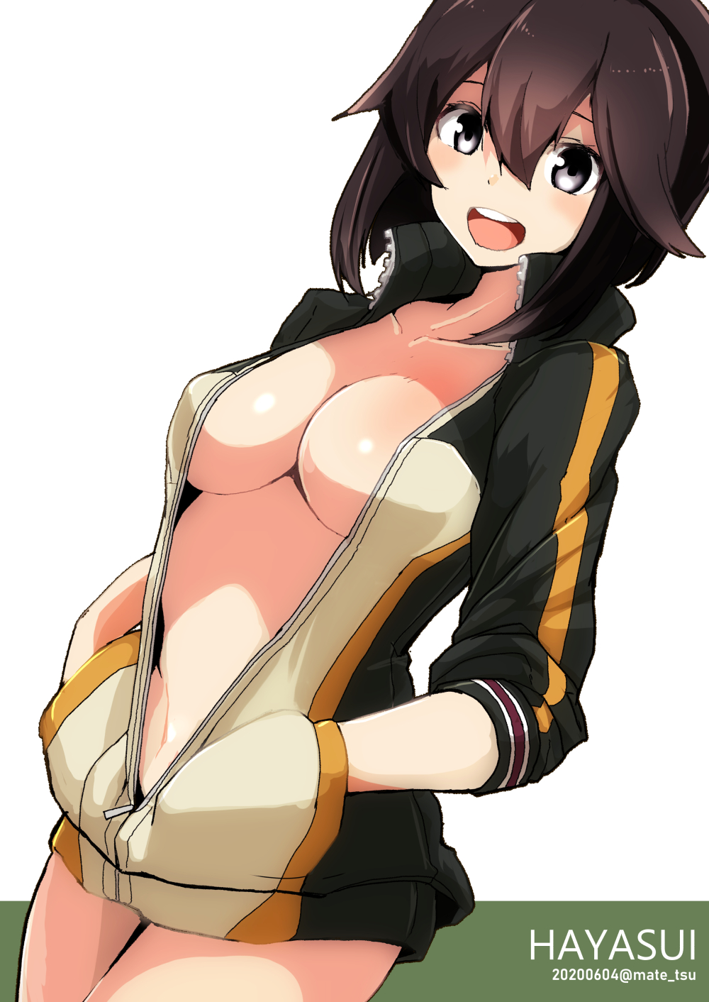 bangs brown_hair cleavage dark_hair female female_only hair_flaps hands_in_pockets hayasui_(kantai_collection) jacket kantai_collection looking_at_viewer matetsu_(nakayoshi_sanfujinka) medium_breasts nipple_bulge no_bra open_clothes open_mouth short_hair smile solo track_jacket unzipped