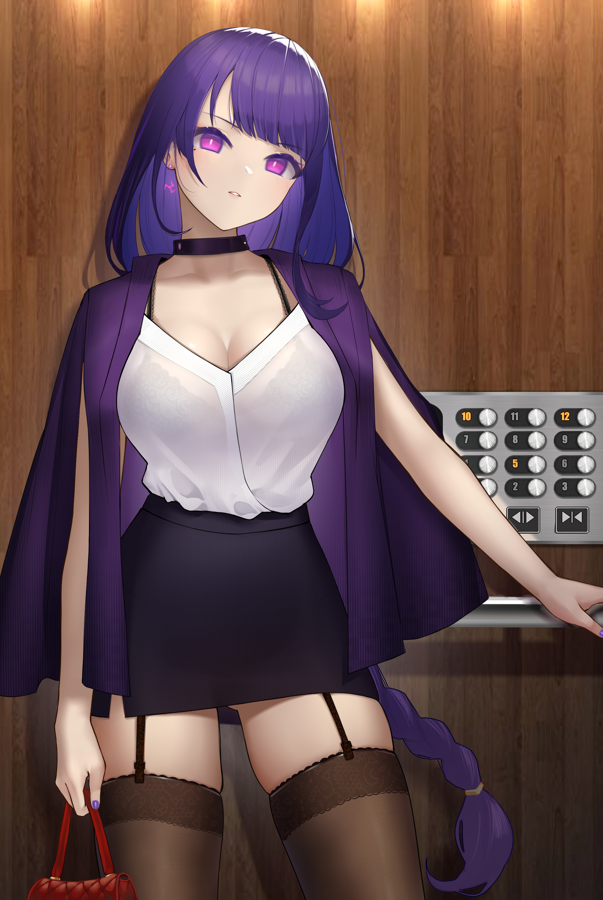 1girls, braid, business woman, choker, elevator, female, garter straps, genshin impact, highres, long hair, looking at viewer, microskirt, purple eyes, purple hair, raiden shogun, see-through, skirt, staring at viewer, terebi (shimizu1996), thighhighs