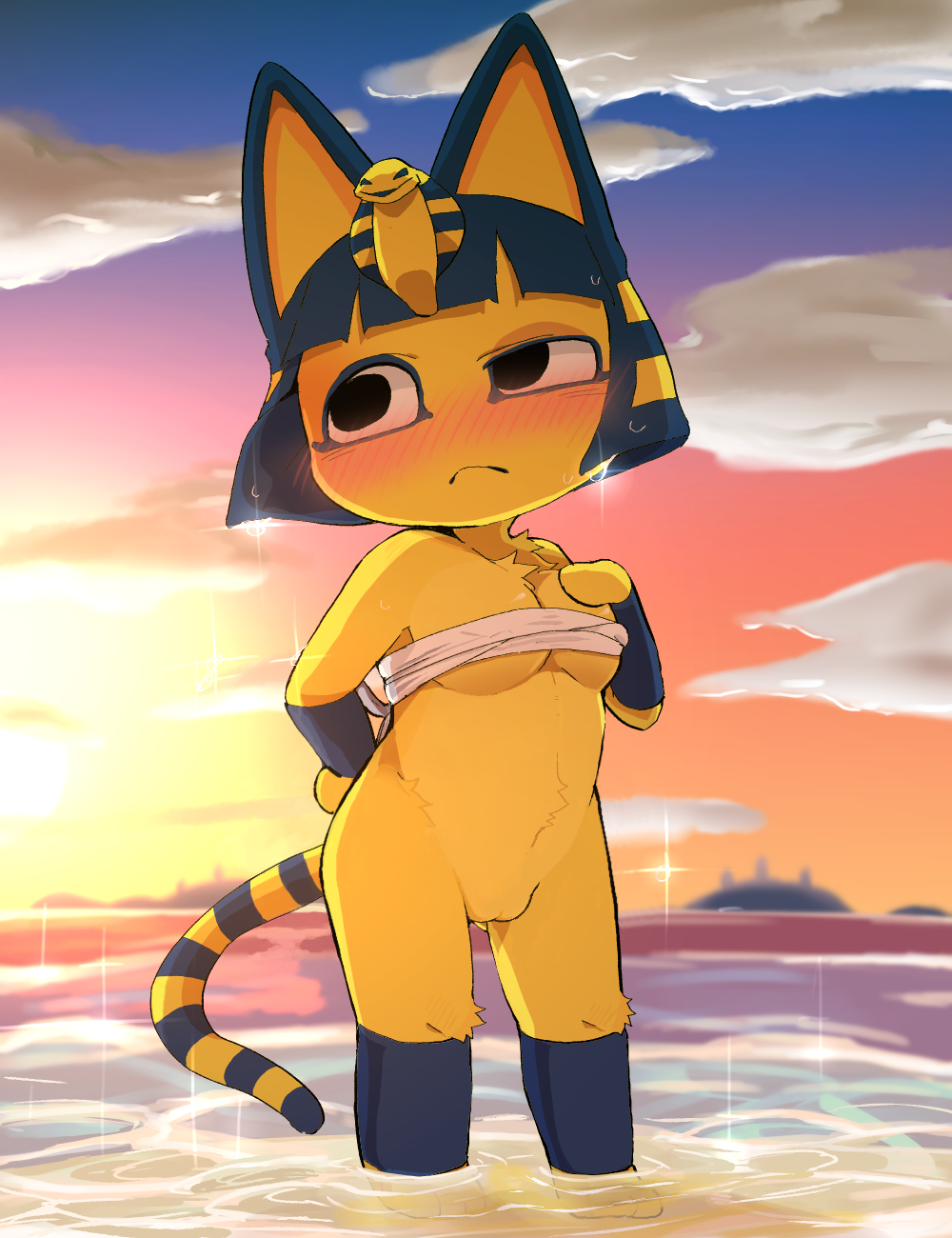 1girls, animal crossing, ankha, anthro, blush, bottomless, dagasi, detailed background, edit, felid, feline, felis, female, fur, furry, furry only, genitals, hi res, looking away, mammal, mostly nude, naked, nintendo, nude, partially clothed, pussy, solo, tail, video games, water, wet, yellow body, yellow fur
