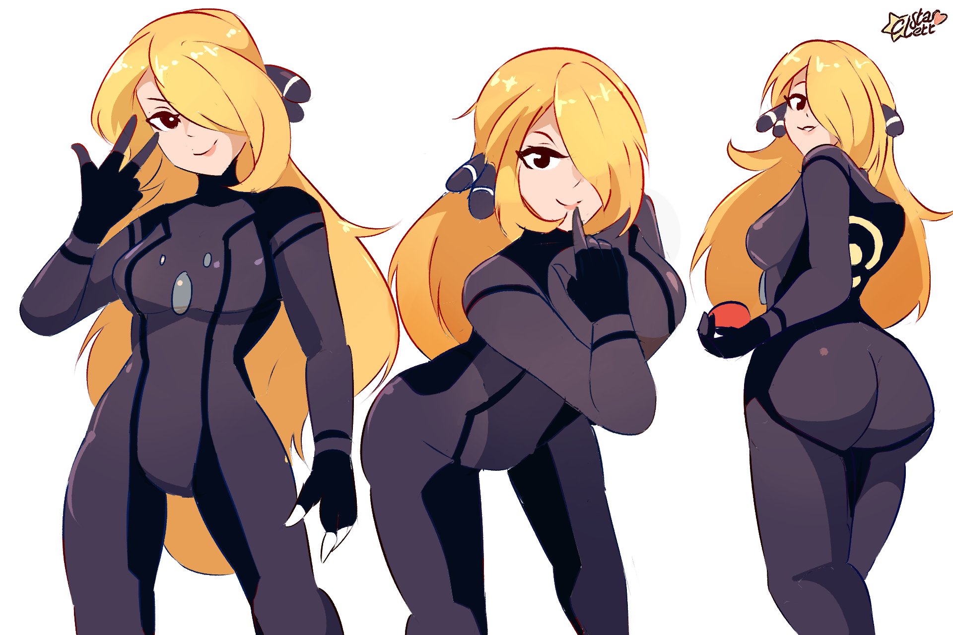 ass, bent over, blonde hair, bodysuit, breasts, c starlett, crossover, cynthia (pokemon), female, looking at viewer, metroid, nintendo, pokeball, pokemon, yellow hair, zero suit