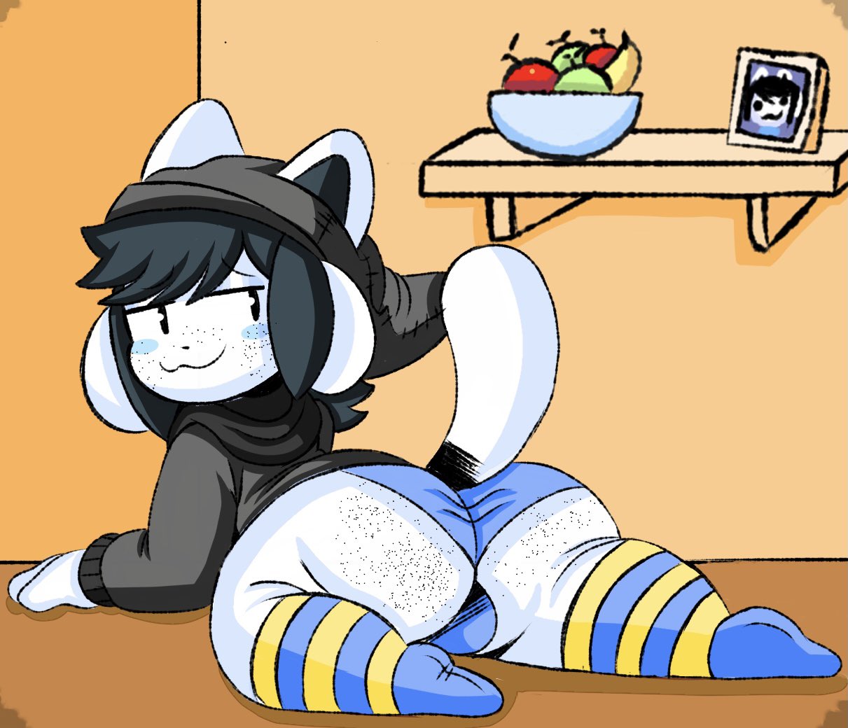 1boy :3 adorable anthro ass balls big_butt black_hair blush blush_stickers bob_(undertale) bulge canid canine cat_ears clothed clothing cute dog_ears felid feline femboy footwear freckles freckles_on_ass from_behind genitals girly hair hat headgear headwear hoodie huge_ass huge_butt indoors inside looking_at_viewer looking_back lying male male_focus male_only mammal mob_face multi_ear no_watermark on_stomach panties rear_view rule_63 shortstack shortstack_femboy simple_background sketchssketchs smile socks striped_legwear sweat teapot_(body_type) tem temmie temmie_(deltarune) temmie_(undertale) thick_thighs topwear undertale undertale_(series) underwear video_games white_body white_fur