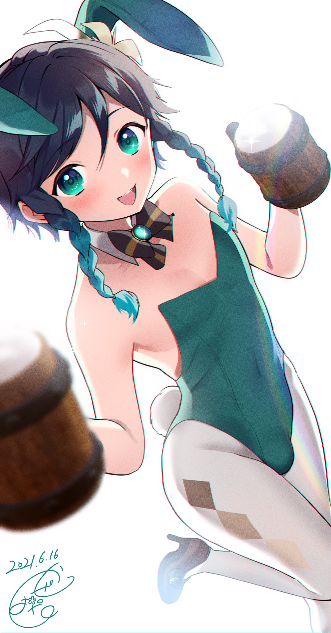 1boy bartender bulge bunny_ears bunnysuit femboy genshin_impact green_eyes high_heels hips kazehana_(spica) looking_at_viewer male male_only mostly_clothed penis pigtails smile tagme thick_thighs thighs tight_clothing twink venti_(genshin_impact)