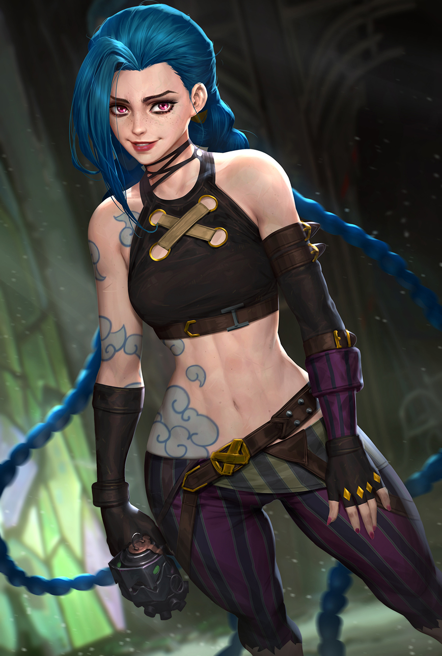 1girls abs arcane arcane_jinx arm_tattoo armwear asymmetrical_bangs asymmetrical_gloves bangs belt blue_hair braid cloud_tattoo crop_top feet_out_of_frame female female_only fingerless_gloves freckles gloves handwear highres human jinx_(league_of_legends) league_of_legends leggings legwear light-skinned_female light_skin long_hair looking_at_viewer midriff nail_polish navel neoartcore pale-skinned_female pale_skin pants pink_eyes pink_nails public riot_games scar shoulder_tattoo sleeveless smile solo stomach_tattoo tattoo tight tight_pants toned twin_braids very_long_hair weapon wide_hips