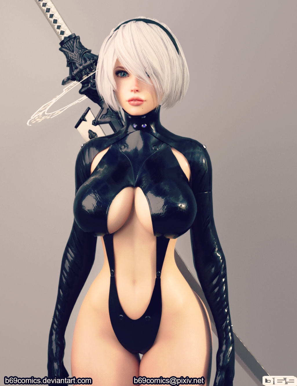 3d b69 busty cleavage gantz gantz_(cosplay) gantz_suit latex nier:_automata nier_(series) white_hair yorha_2b