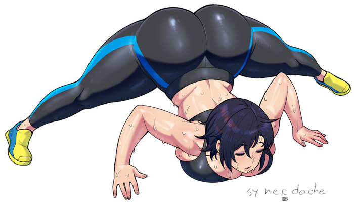 ass breast_press breasts closed_eyes commission huge_ass huge_breasts jack-o_pose myria_loussier original spread_legs sweat synecdoche thick_thighs top-down_bottom-up white_background yoga_pants