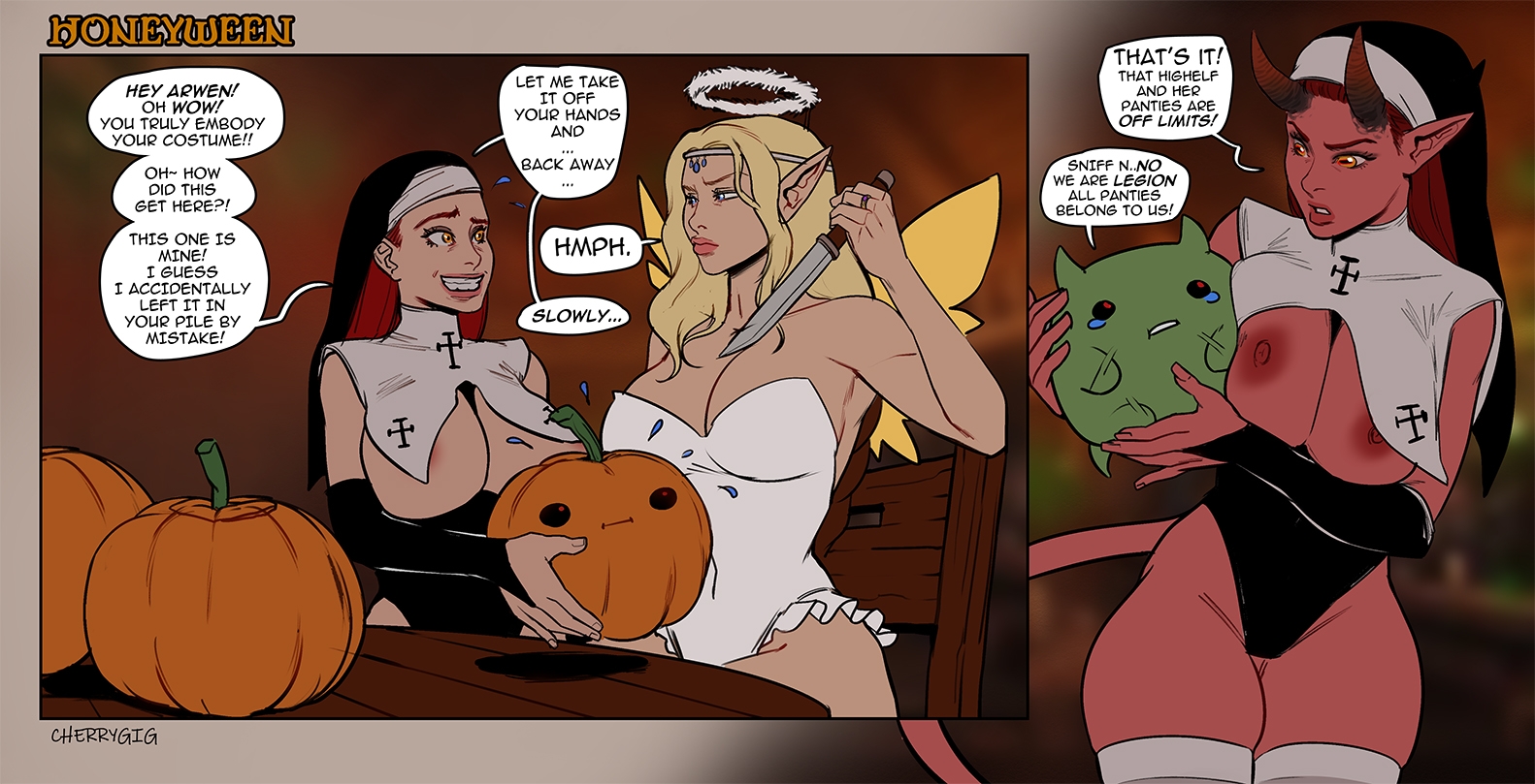 2girls, areolae, arwen (cherry-gig), big breasts, breasts, cherry-gig, demon, dungeons and dragons, elf, elf ears, elf female, elf girl, fae, female, female only, fey, halloween, large breasts, leotard, multiple females, multiple girls, nipples, nun, pointed ears, pointy ears, skindentation, speech bubble, succy, text, the honeypot (cherry-gig), thighhighs, tiefling