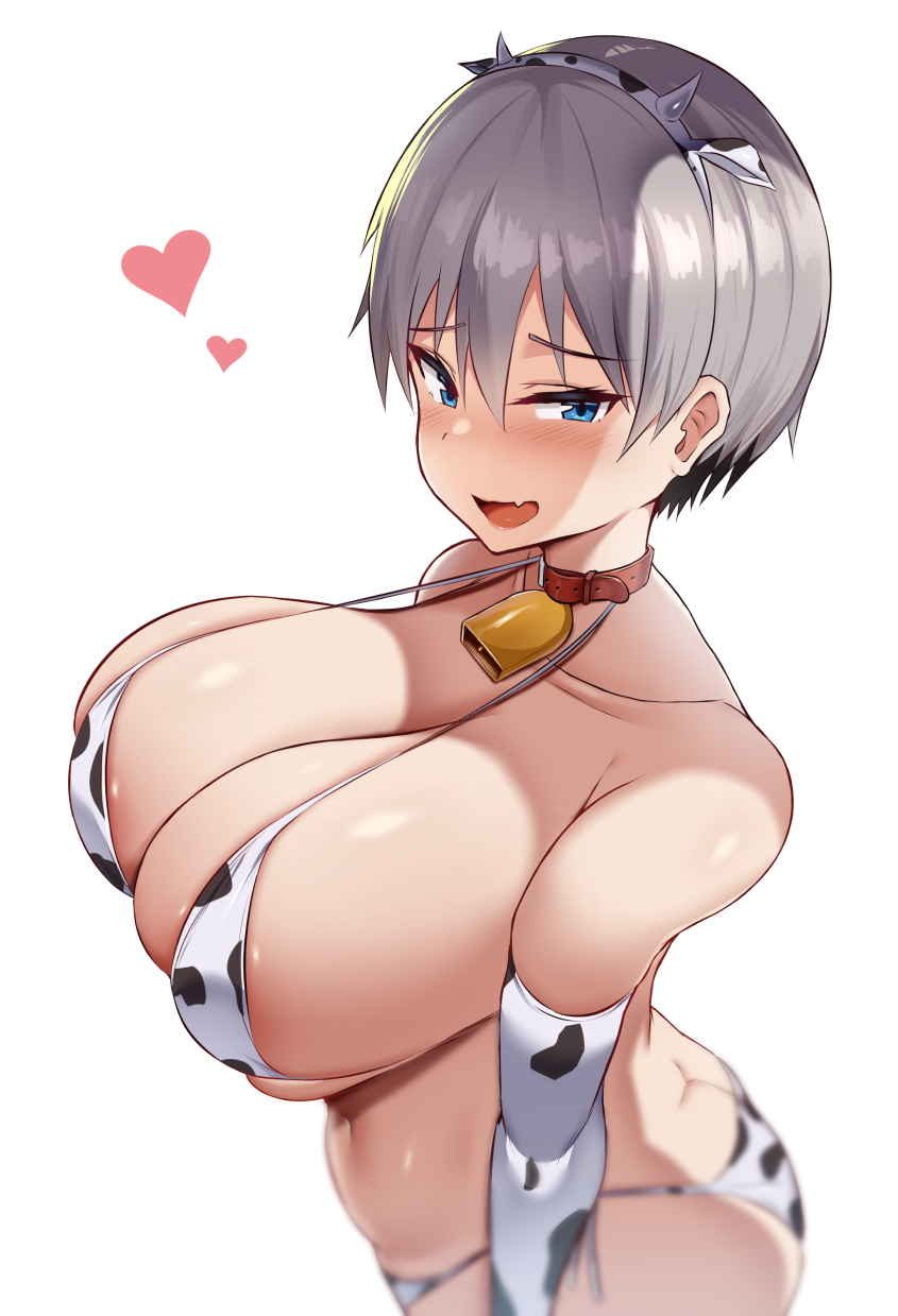 1girls 2021 areola_slip areolae ass_cleavage barely_clothed barely_contained blue_eyes blush breasts butt_crack choker cow_bikini cow_horns cow_print cow_print_armwear cowbell cute_fang female female_only gloves grey_hair hairband huge_breasts large_areolae looking_at_viewer micro_bikini naughty_face short_hair smile standing tsukunendo uzaki-chan_wa_asobitai! uzaki_hana very_short_hair