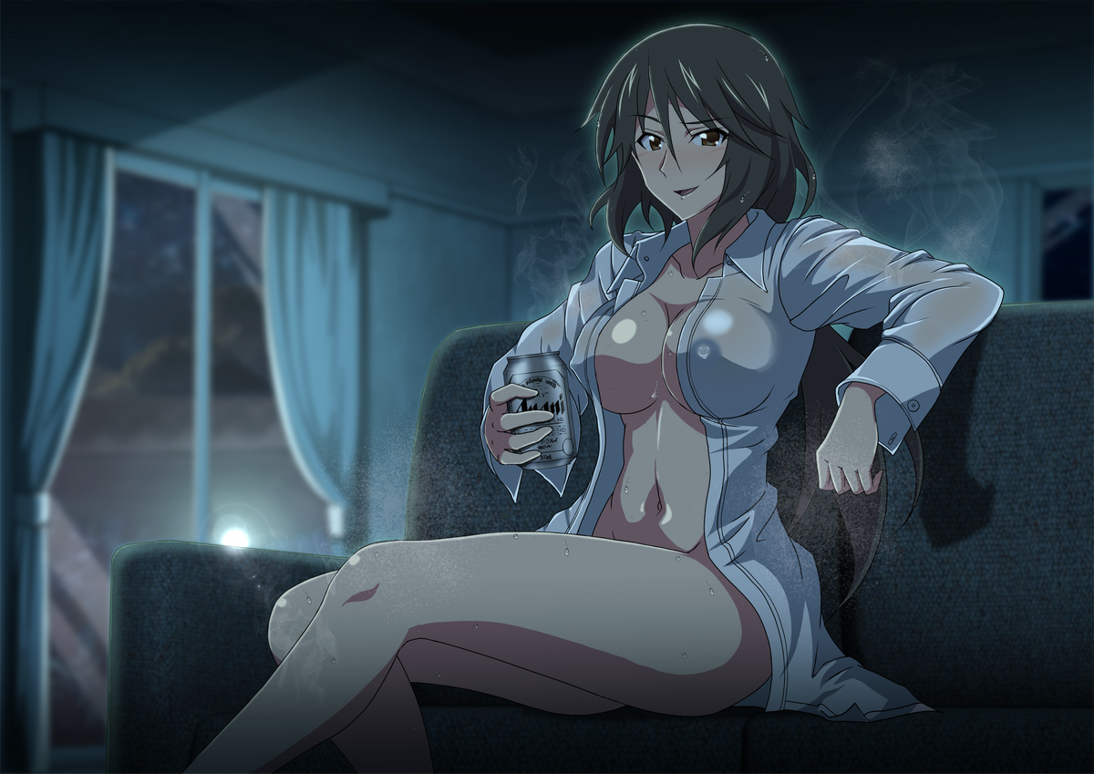artist request, beer, bottomless, brown eyes, brown hair, female, infinite stratos, looking at viewer, night, open clothes, orimura chifuyu, partially clothed, see-through clothing, solo, solo female, steam, steaming body, tagme