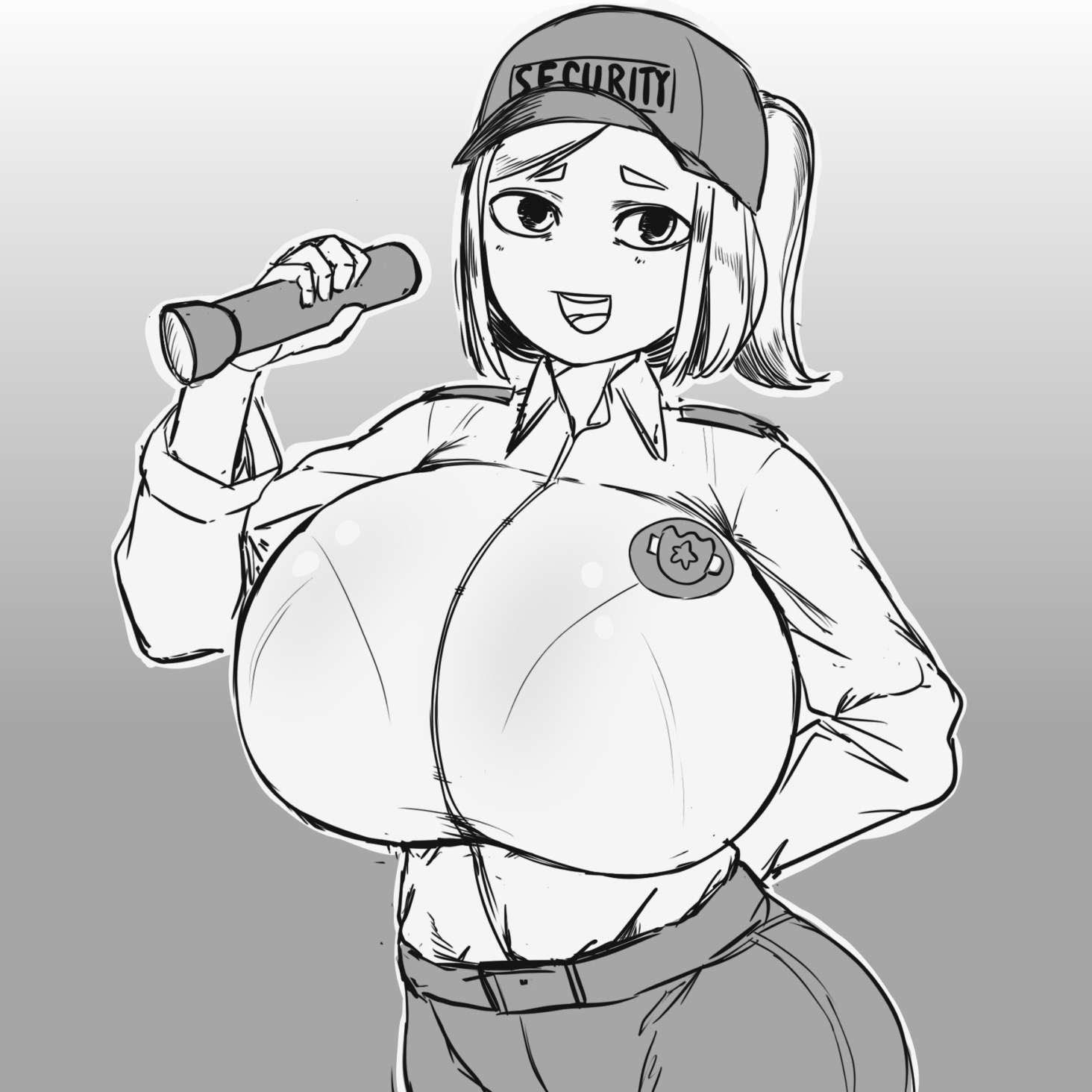 
, 1girls, 2021, baseball cap, belt, big breasts, black and white, bottomwear, breasts, breasts bigger than head, doodle, female, female focus, female only, five nights at freddy's, five nights at freddy's: security breach, hat, holding flashlight, holding object, huge breasts, kaxiota, large breasts, looking at viewer, security guard, short hair, simple background, sketch, solo, solo focus, topwear, vanessa (fnaf)