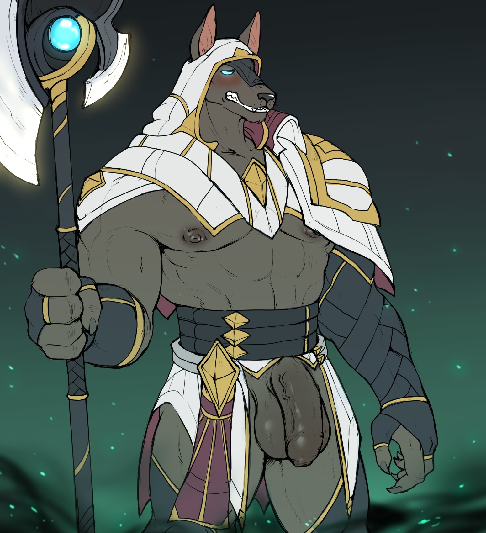anthro, anubian jackal, balls, big balls, big penis, blush, canid, canine, canis, foreskin, genitals, half naked, hi res, humanoid, humanoid genitalia, humanoid penis, hyenaface, jackal, league of legends, long foreskin, male, mammal, muscular, muscular male, nasus, nipples, pecs, penis, riot games, solo, solo male, uncircumcised, vein, veiny penis, video games