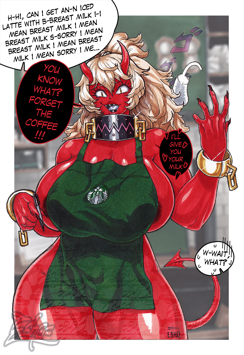 1girls apron apron_only areola_slip big_breasts blonde_hair chained_wrists collar dialogue english_text esho extasis_(esho) female female_only iced_latte_with_breast_milk long_hair looking_at_viewer meme nude nude_female oni oni_horns ponytail red_skin sideboob smug solo solo_female speech_bubble starbucks tail talking_to_viewer thick_thighs waitress wide_hips