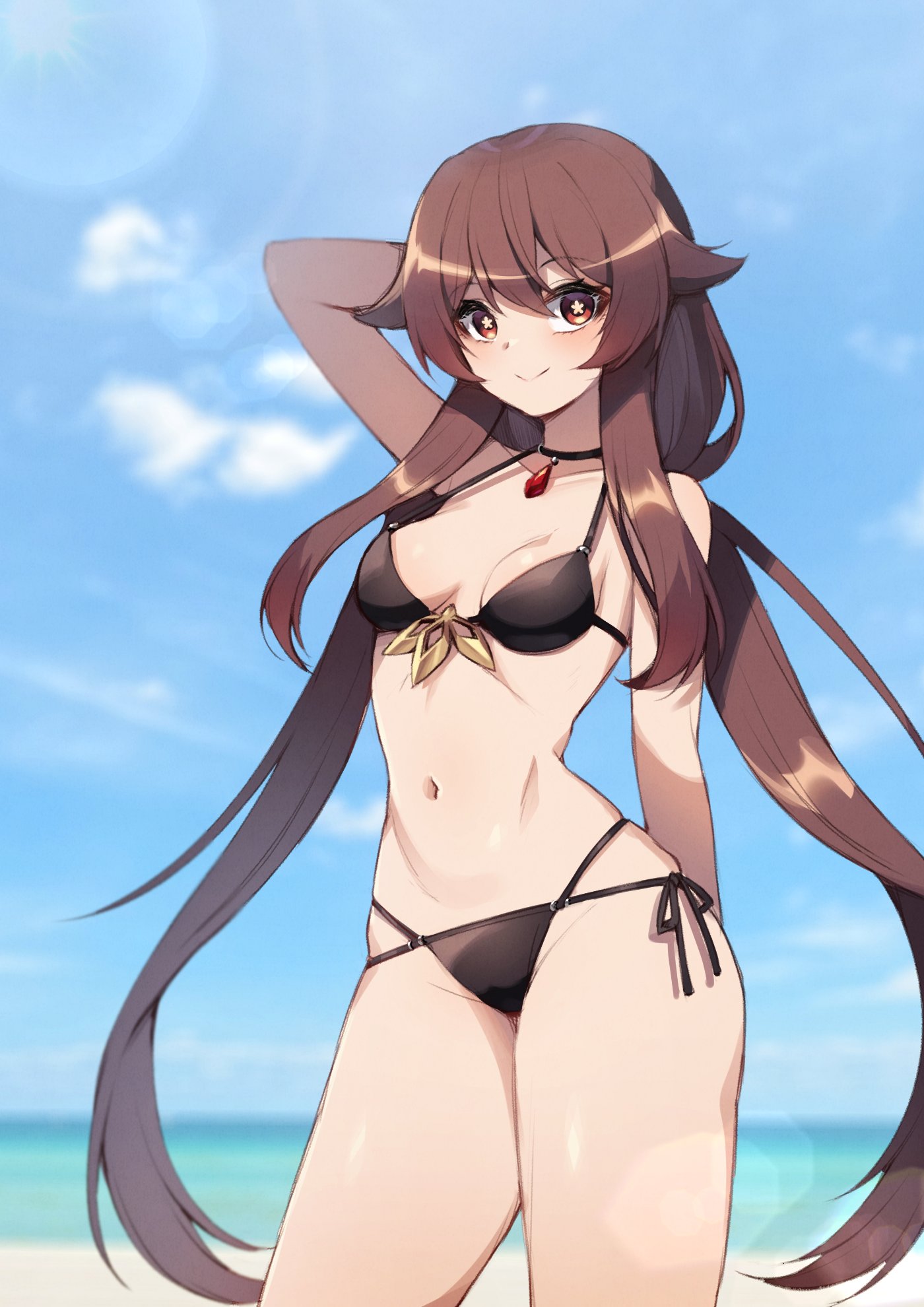 1girls, bikini, black bikini, breasts, choker, female, female only, genshin impact, hi res, hu tao (genshin impact), looking at viewer, pose, small breasts, thick thighs, thighs, twintails, whcjddbrhk22