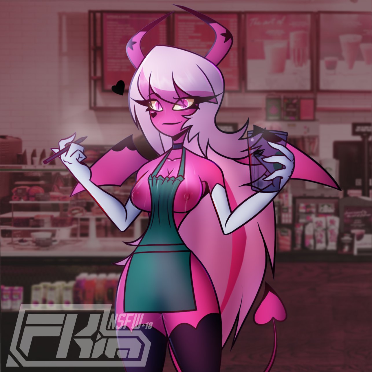 apron, black lipstick, breasts, choker, demon, female, fkimnsfw, helluva boss, horn, horns, iced latte with breast milk, lactation, meme, nipples, pink skin, succubus, tagme, verosika mayday (helluva boss), white hair, wide hips, yellow eyes