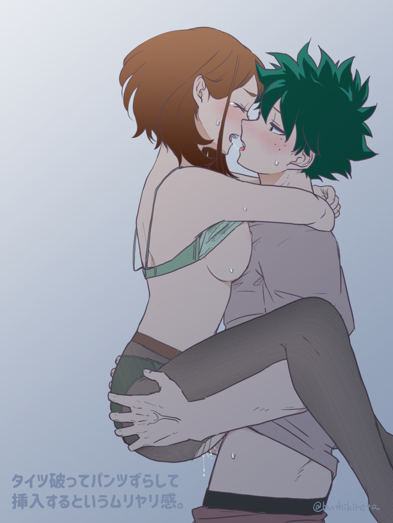 1boy, 1girls, after kiss, arms around neck, blush, bra lift, brown hair, brown-haired female, buthikireta, female, green hair, green-haired male, izuku midoriya, kissing, kissing while penetrated, male, my hero academia, ochako uraraka, pantyhose, penetration, pussy, saliva string, sex, standing sex, straight, suspended congress, vaginal penetration