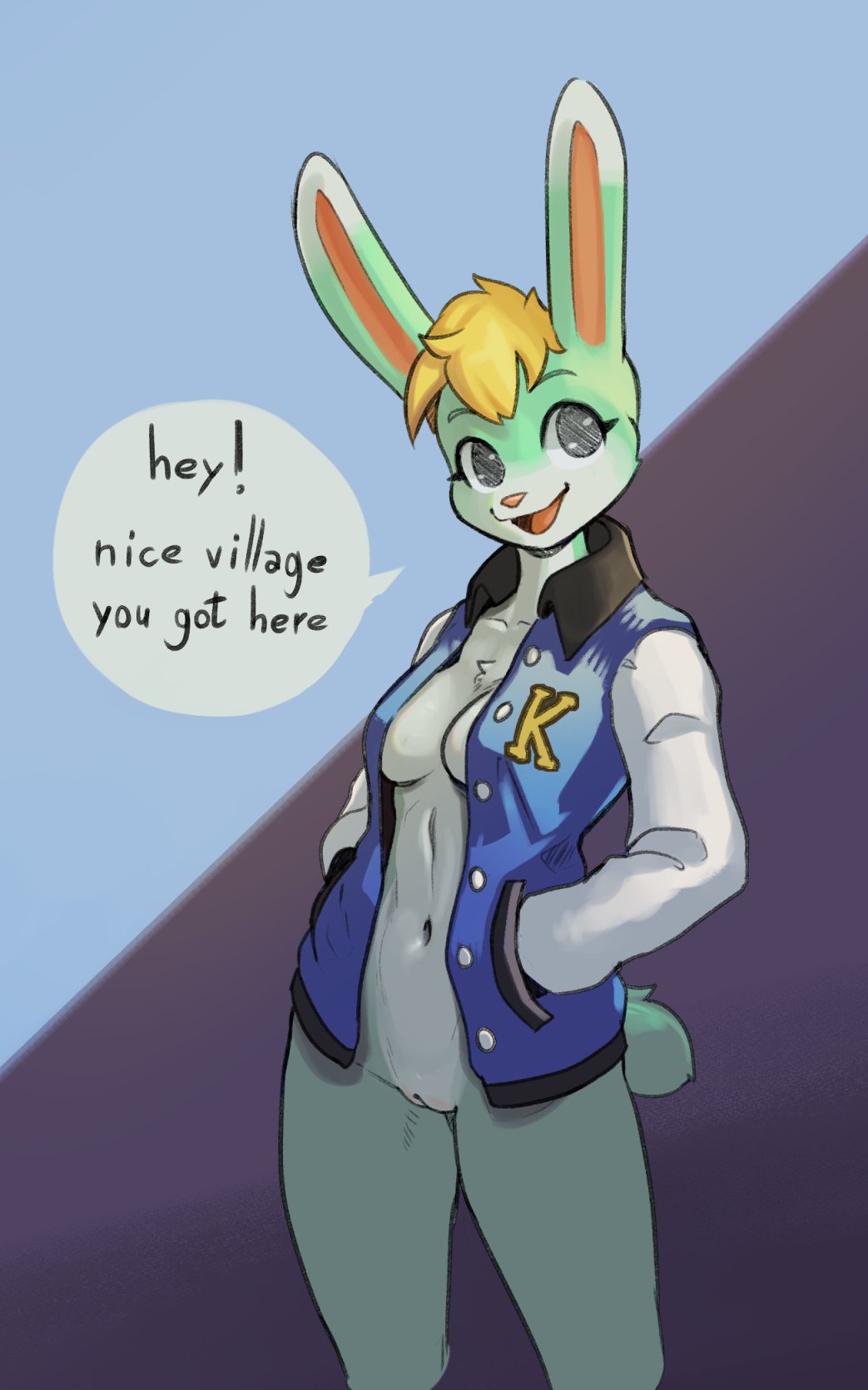 1girls, animal crossing, anthro, anthrofied, blonde hair, bottomless, breasts, casual exposure, clothed, clothing, dialogue, english text, female, fur, furry, furry only, genderswap, genderswap (mtf), genitals, green body, green fur, hair, hi res, jacket, kiu-wot, lagomorph, leporid, letterman jacket, looking at viewer, mammal, medium breasts, navel, nintendo, open clothing, open jacket, open mouth, open topwear, partially clothed, pussy, rabbit, rule 63, sasha (animal crossing), scut tail, short tail, simple background, smile, solo, tail, text, the character is better this way, topwear, video games