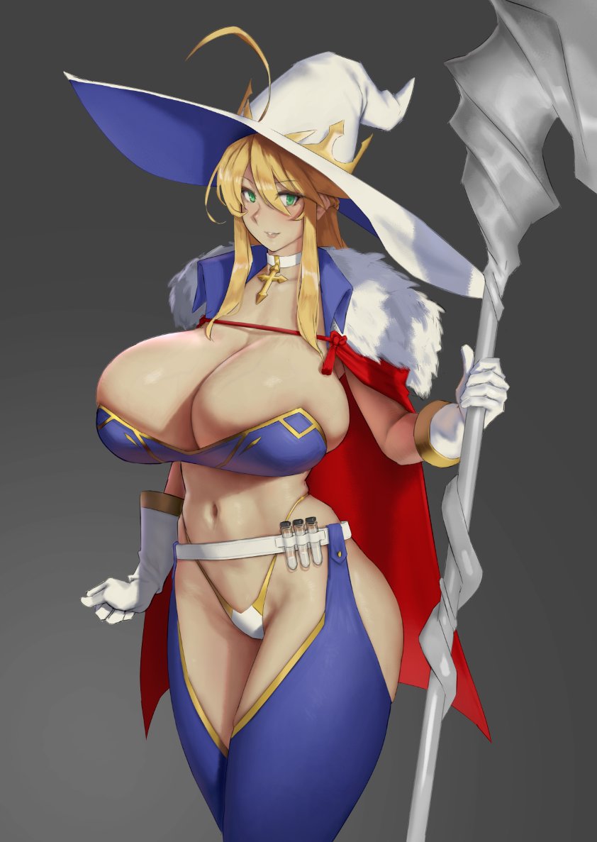 1girls, 2021, ahoge, artoria pendragon, artoria pendragon (lancer), barely clothed, barely contained, blonde hair, blue clothing, breasts, cape, cleavage, eu03, fate (series), fate/grand order, female, female focus, female only, green eyes, halloween, hat, hips, holding object, huge breasts, large hat, mature female, medium hair, simple background, slim waist, staff, thick thighs, thighs, weapon, wide hips, witch, witch costume, witch hat