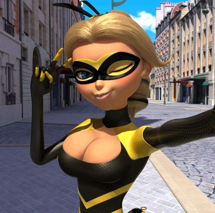 1girls, 3d, alternate breast size, big breasts, blonde hair, blue eyes, bodysuit, breasts, chloe bourgeois, cleavage, cleavage cutout, domino mask, edit, female, female only, looking at viewer, miraculous ladybug, miraculous: tales of ladybug and cat noir, peace sign, ponytail, queen bee (miraculous ladybug), selfie, solo, superheroine, taking selfie, unknown artist, v, v sign, wink, winking, winking at viewer