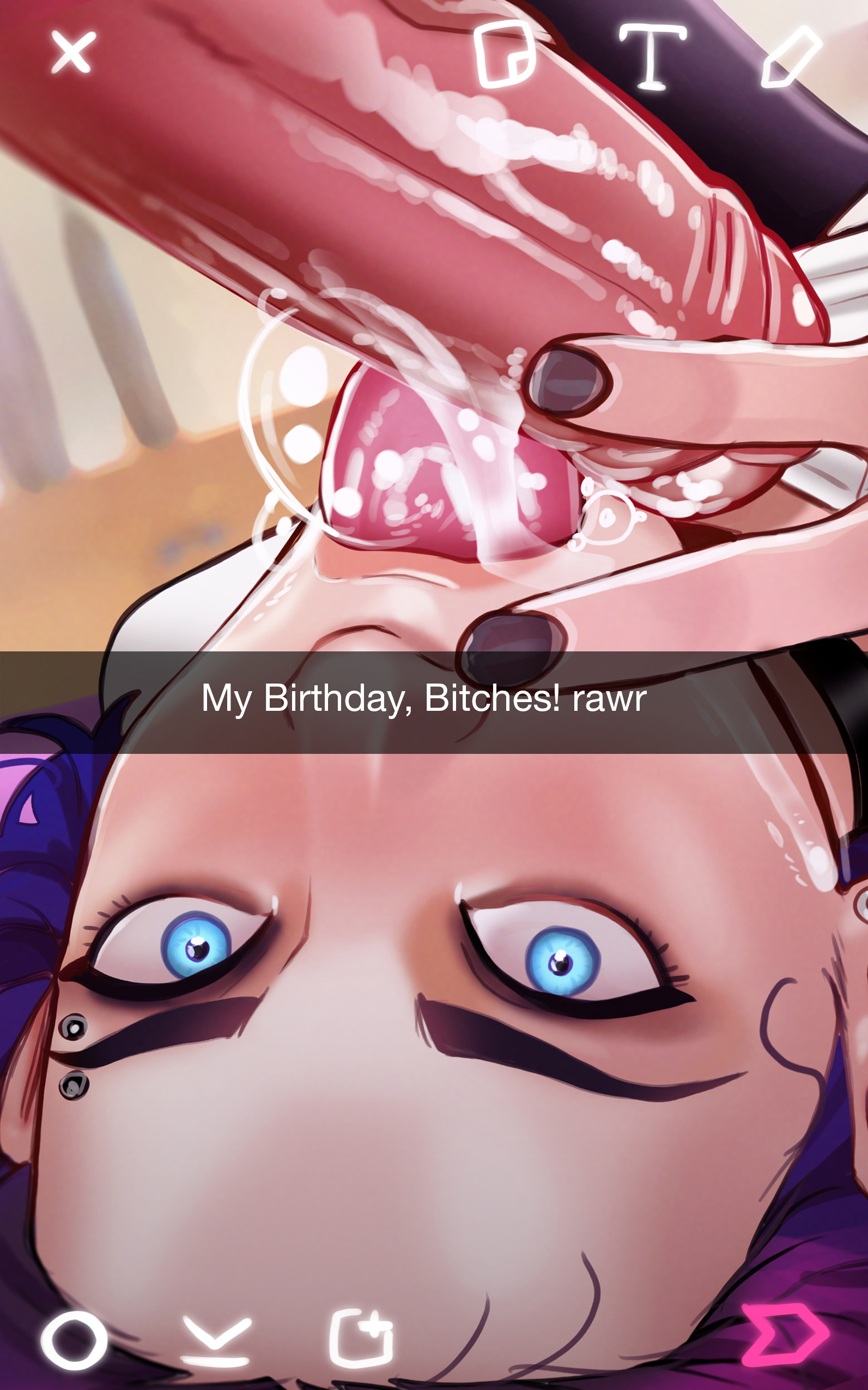 1boy, 1boy1girl, 1girl, 1girl1boy, after fellatio, after oral, andava, andavaverse, blue eyes, breasts, breasts out, cum, cum bubble, cum in mouth, english text, eyebrow piercing, eyeliner, fellatio, female, foreskin, large penis, lying on back, male, male/female, medium breasts, nipples, on back, partial male, partially retracted foreskin, pelo, penis, piercing, purple hair, retracted foreskin, snapchat, solo focus, straight, uncircumcised, uncut, upside-down