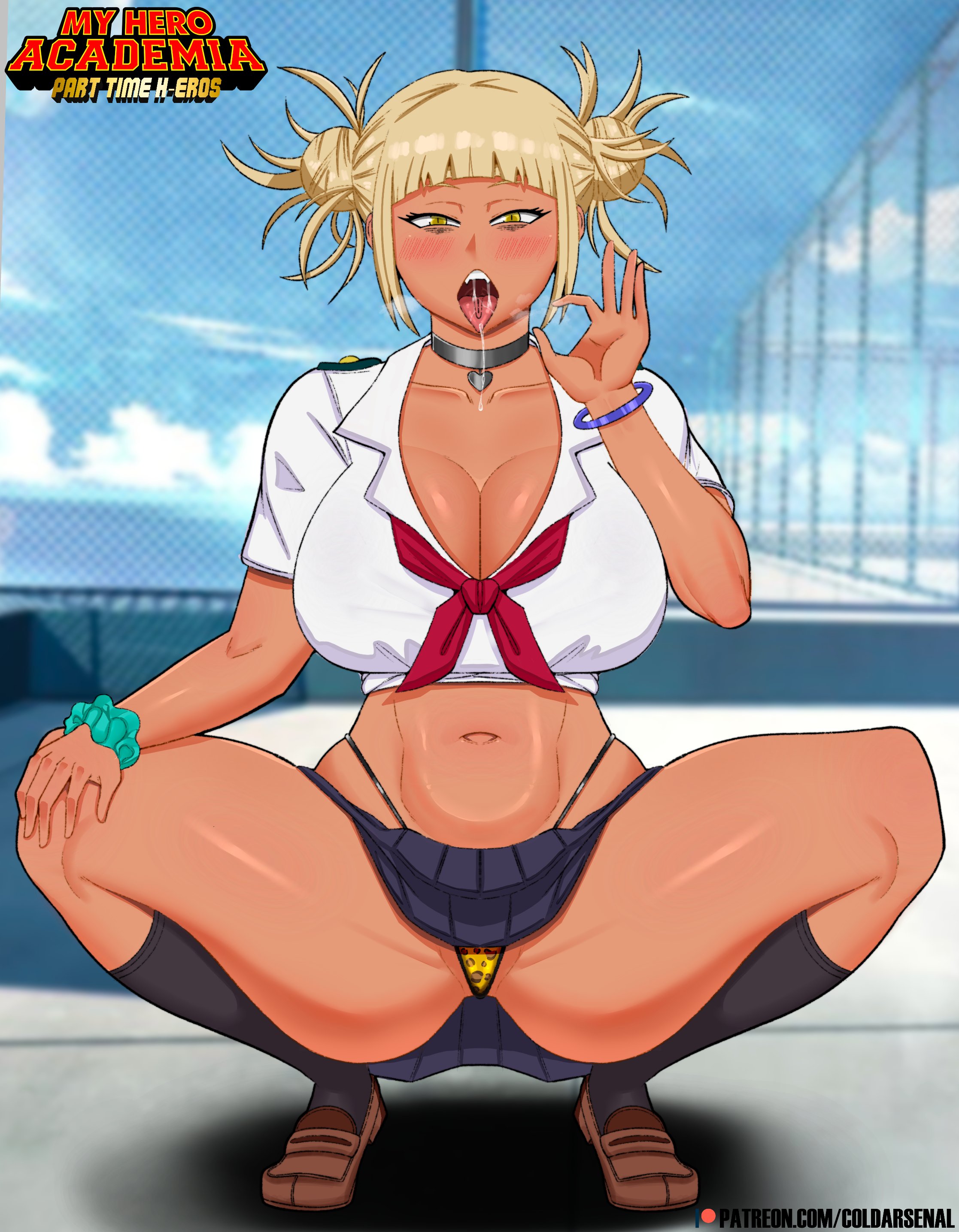 1girls, big breasts, bimbo, blonde hair, boku no hero academia, breasts, choker, coldarsenal, double bun, eye contact, female, gyaru, himiko toga, large breasts, looking at viewer, my hero academia, saliva, skirt, squatting, tan skin, thick thighs, thighs, thong, toga himiko, tongue, tongue out