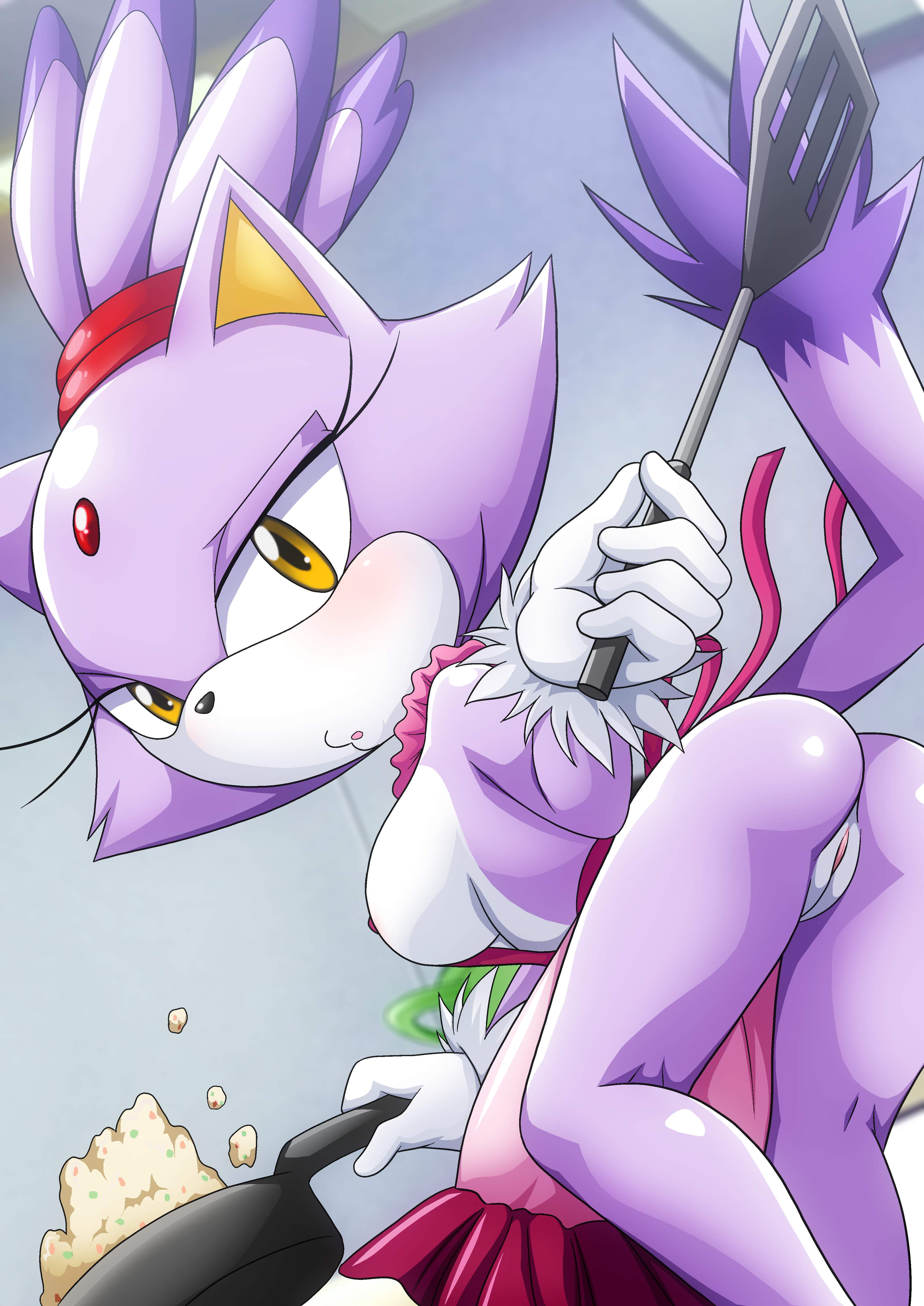 1girls, apron, areolae, ass, bbmbbf, blaze the cat, blush, breasts, cat, cooking, feline, female, female focus, female only, food, frying pan, gloves, half-closed eyes, looking at viewer, nipples, nude, palcomix, pink apron, purple fur, purple hair, pussy, sonic (series), sonic the hedgehog (series), spatula, white fur, yellow eyes
