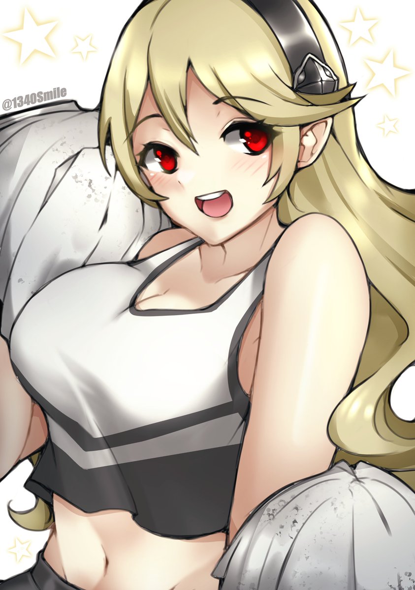 1340smile 1girls alternate_costume bangs bare_shoulders big_breasts black_hairband blush breasts cheerleader cheerleader_uniform cleavage close-up corrin_(fire_emblem) corrin_(fire_emblem)_(female) crop_top cute eyebrows_visible_through_hair female female_only fire_emblem fire_emblem_fates hair_between_eyes hair_ornament hairband highres human large_breasts light-skinned_female light_skin long_hair midriff nintendo open_mouth platinum_blonde_hair pointy_ears pom_pom_(cheerleading) pom_poms red_eyes simple_background smile solo tank_top twitter_username white_pom_poms