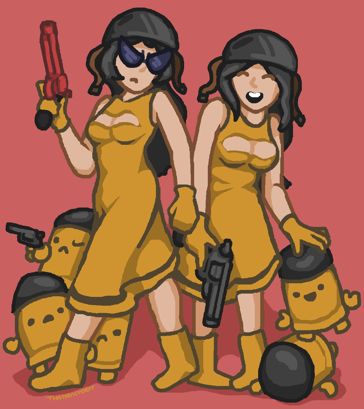 2girls black_hair breasts bullet_kin enter_the_gungeon gun hand_on_head helmet humanized revolver rule_63 shades_(enter_the_gungeon) smile smiley_(enter_the_gungeon) standing sunglasses thatfancygent trigger_twins wholesome yellow_dress