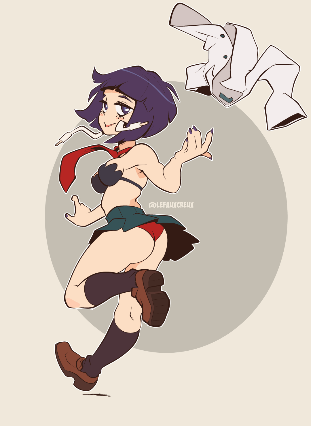 1girls, armpits, artist name, ass, bangs, big ass, big butt, blush, bra, breasts, casual, clothing, creux, eye contact, female, female only, fingernails, half-closed eyes, happy, hi res, high resolution, kyoka jiro, loafers, looking at viewer, medium breasts, my hero academia, nail polish, necktie, one leg up, panties, pantyshot (standing), pleated skirt, purple eyes, purple hair, red panties, school uniform, shirt removed, shoes, short hair, skirt, slim, slim waist, smiling, socks, solo, standing, strip game, thighs, twitter username, underwear, undressing