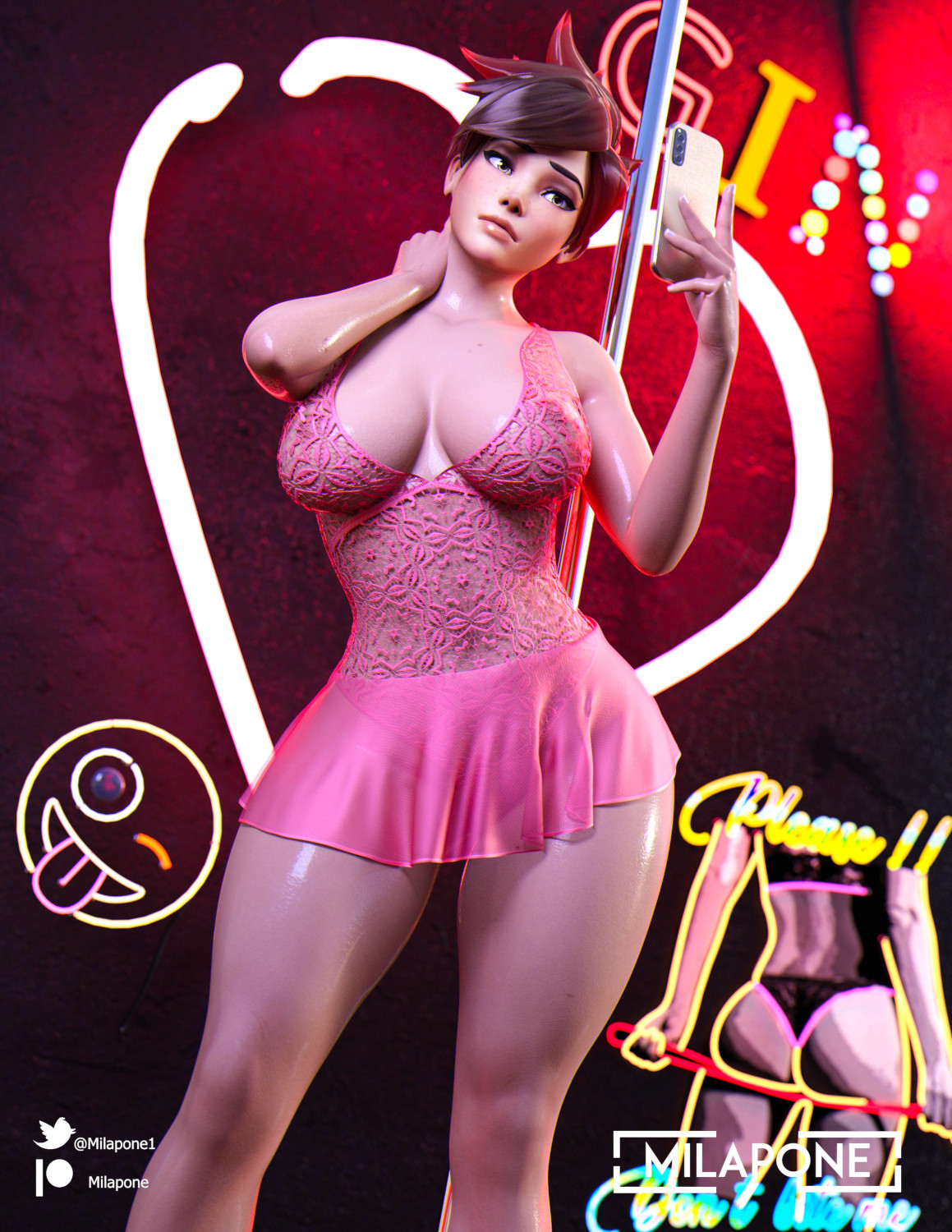 1girls, 3d, big breasts, blizzard entertainment, breasts, female, lingerie, milapone, overwatch, phone, selfie, solo, stripper pole, tagme, tracer