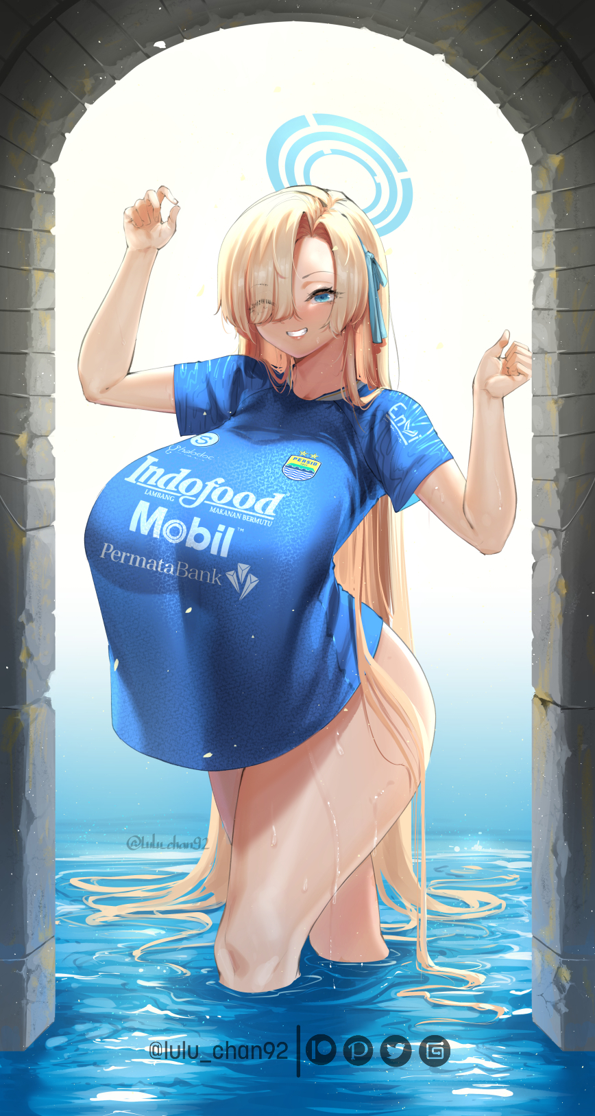 1girls, asuna (blue archive), blue archive, bottomless, breasts, cleavage, female, female only, huge breasts, looking at viewer, lulu-chan92, millennium science school student, naked shirt, no panties, partially submerged, product placement, solo, wet