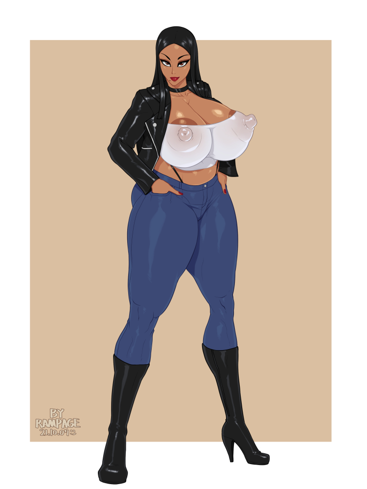 1girls, 2021, areolae, artist name, breasts, brown eyes, dark skin, dark-skinned female, dated, erect nipples, erect nipples under clothes, female, female only, full body, huge breasts, looking at viewer, nail polish, nipples, rampage0118, red nails, solo, solo female, thick thighs, wide hips, yubi (rampage0118)