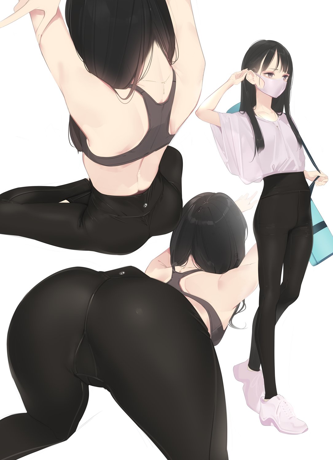 1girls ama_mitsuki ass ass_up athletic_female black_hair facemask fully_clothed leggings long_hair sitting thighs toned_body yoga yoga_pants