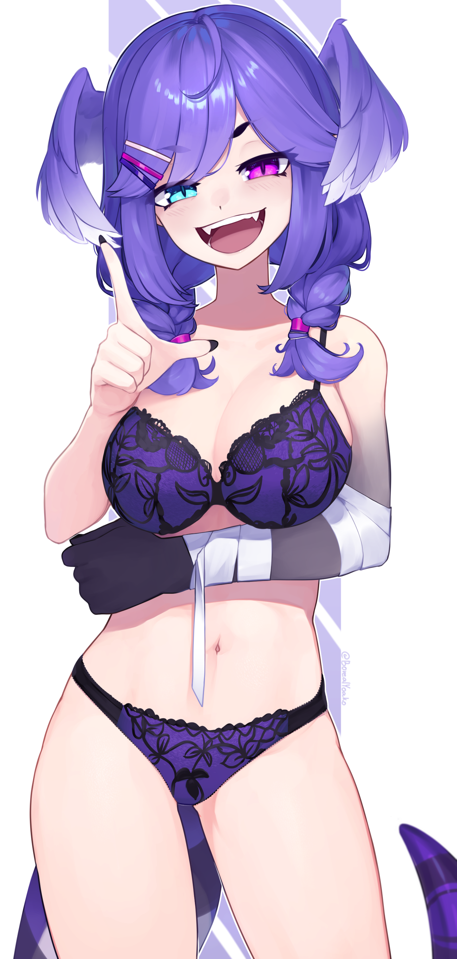 1girls, belly button, big breasts, blush, bra, breasts, dragon girl, dragon tail, eyebrows visible through hair, fangs, female, front view, hair wings, heterochromia, large breasts, lingerie, looking at viewer, nijisanji, nijisanji en, open mouth, panties, purple bra, purple lingerie, purple panties, selen tatsuki, smug, solo, solo female, solo focus, tail, teasing, thighs, twintails, underwear, underwear only, virtual youtuber, yoako