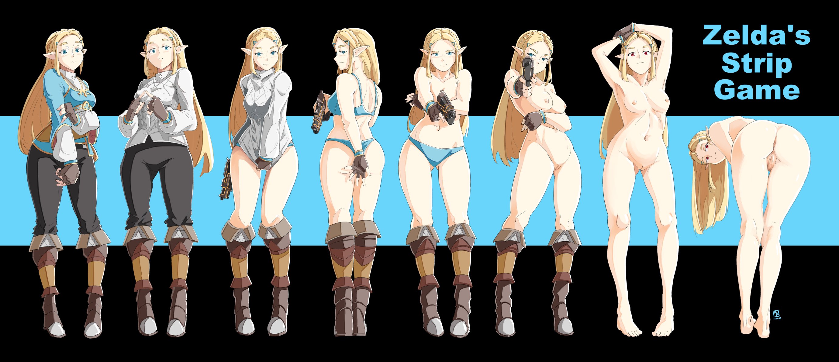 ass, automatic giraffe, bending over, blonde hair, breasts, breath of the wild, female, gun, knee boots, leggings, long hair, panties, pointy ears, princess zelda, pussy, taking clothes off, the legend of zelda, the legend of zelda: breath of the wild, underwear, wide hips, zelda (breath of the wild)