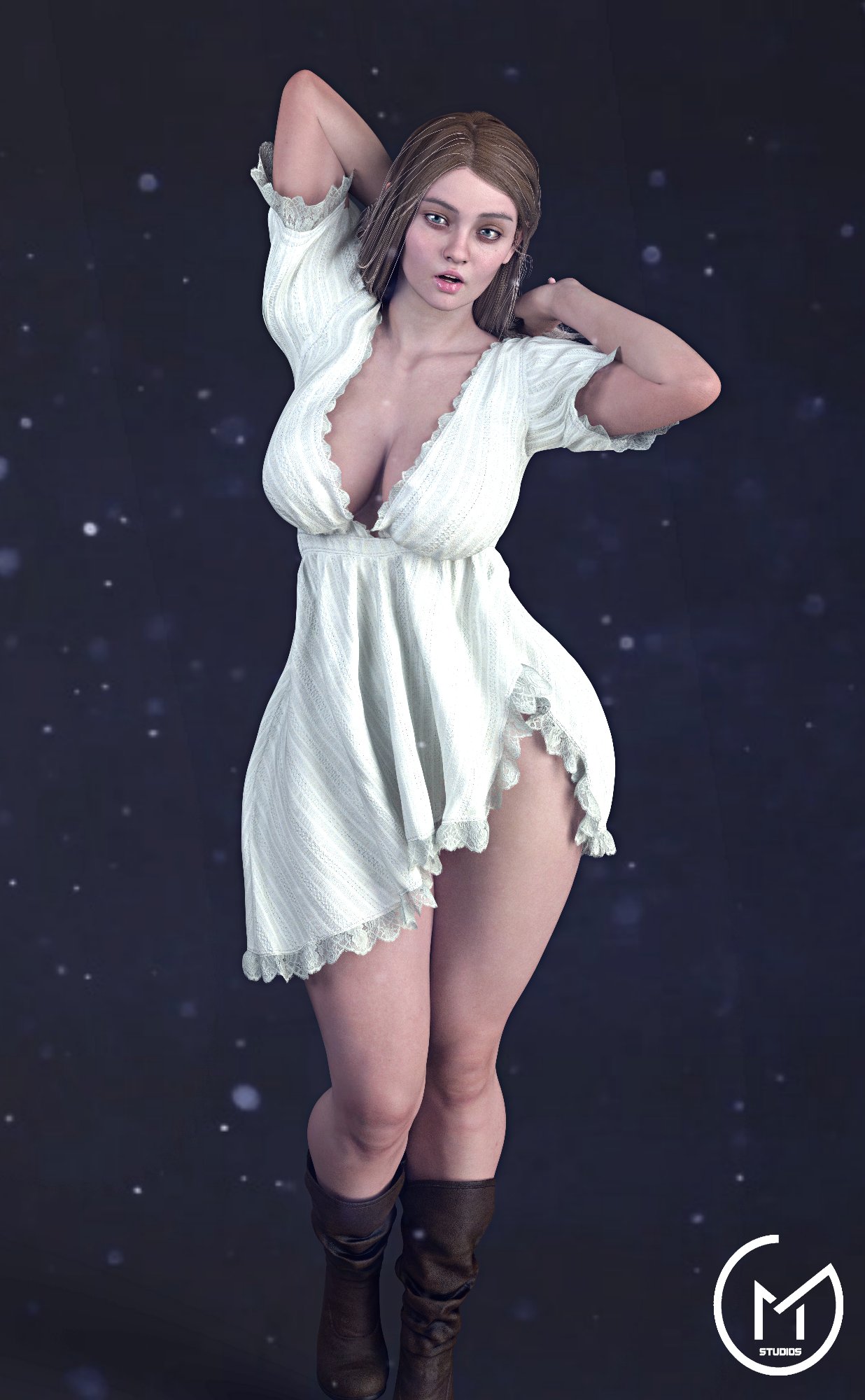 3d, blonde hair, blue eyes, breasts, busty, capcom, cleavage, female, female focus, female only, gm studios, hourglass figure, long hair, nude, nude female, nudity, resident evil, resident evil 8: village, rosemary winters, solo, tagme, wide hips
