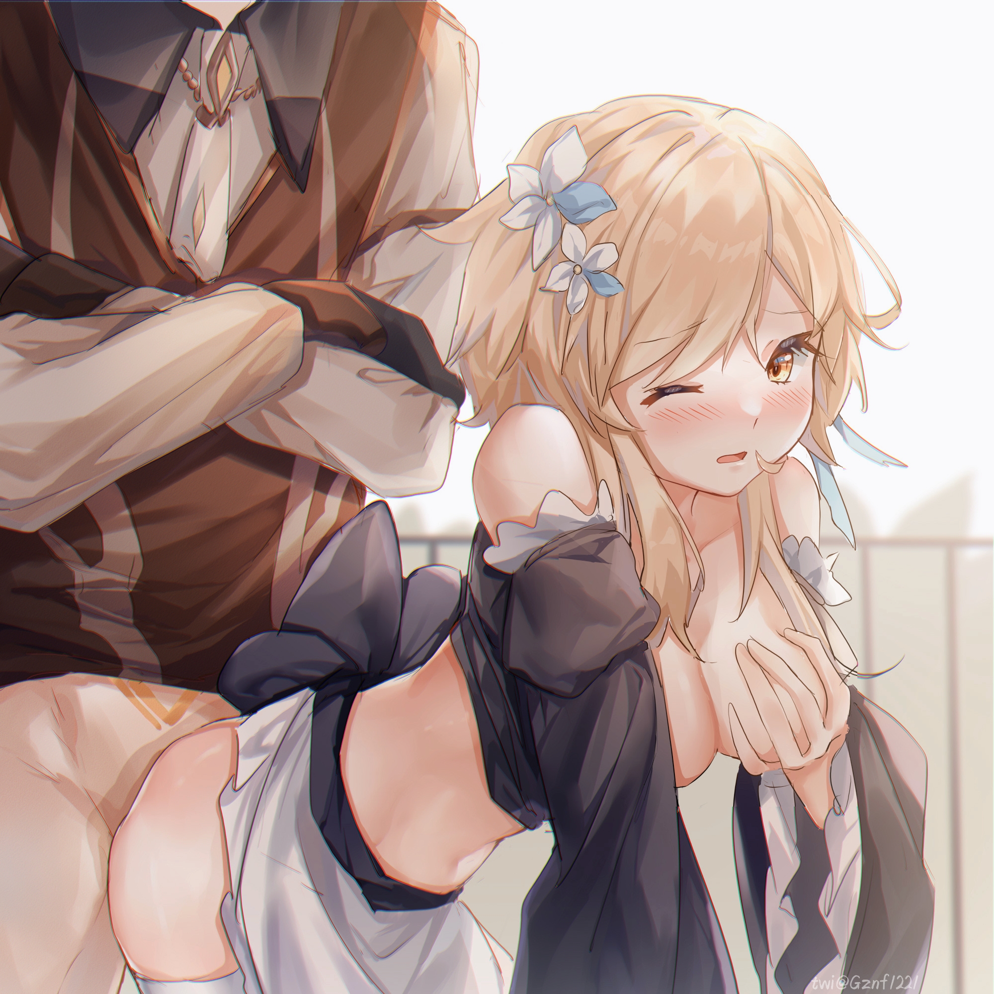 1boy, 1girls, anime style, bare shoulders, blonde hair, blush, breast grab, breasts, bug, female, flower, genshin impact, guzangnanfeng, hair flower, hair ornament, highres, ia (ias1010), long sleeves, lumine (genshin impact), maid, male, one eye closed, outdoors, sex, sex from behind, zhongli (genshin impact)