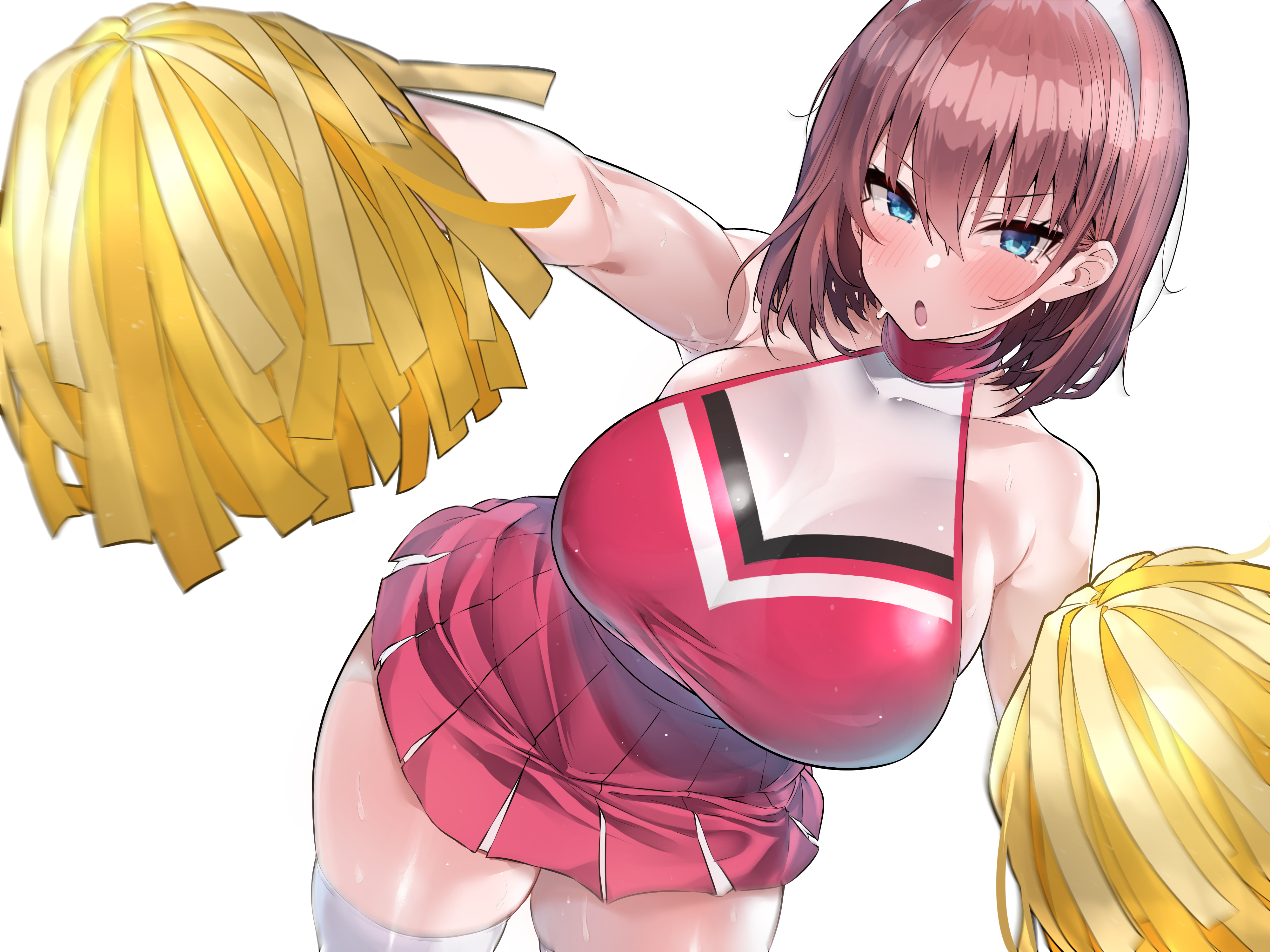 blue eyes, blush, breasts, cheerleader, cleavage, female, large breasts, looking at viewer, mitsudoue, pink hair, pom poms, sideboob, sweat, thick thighs, thighhighs