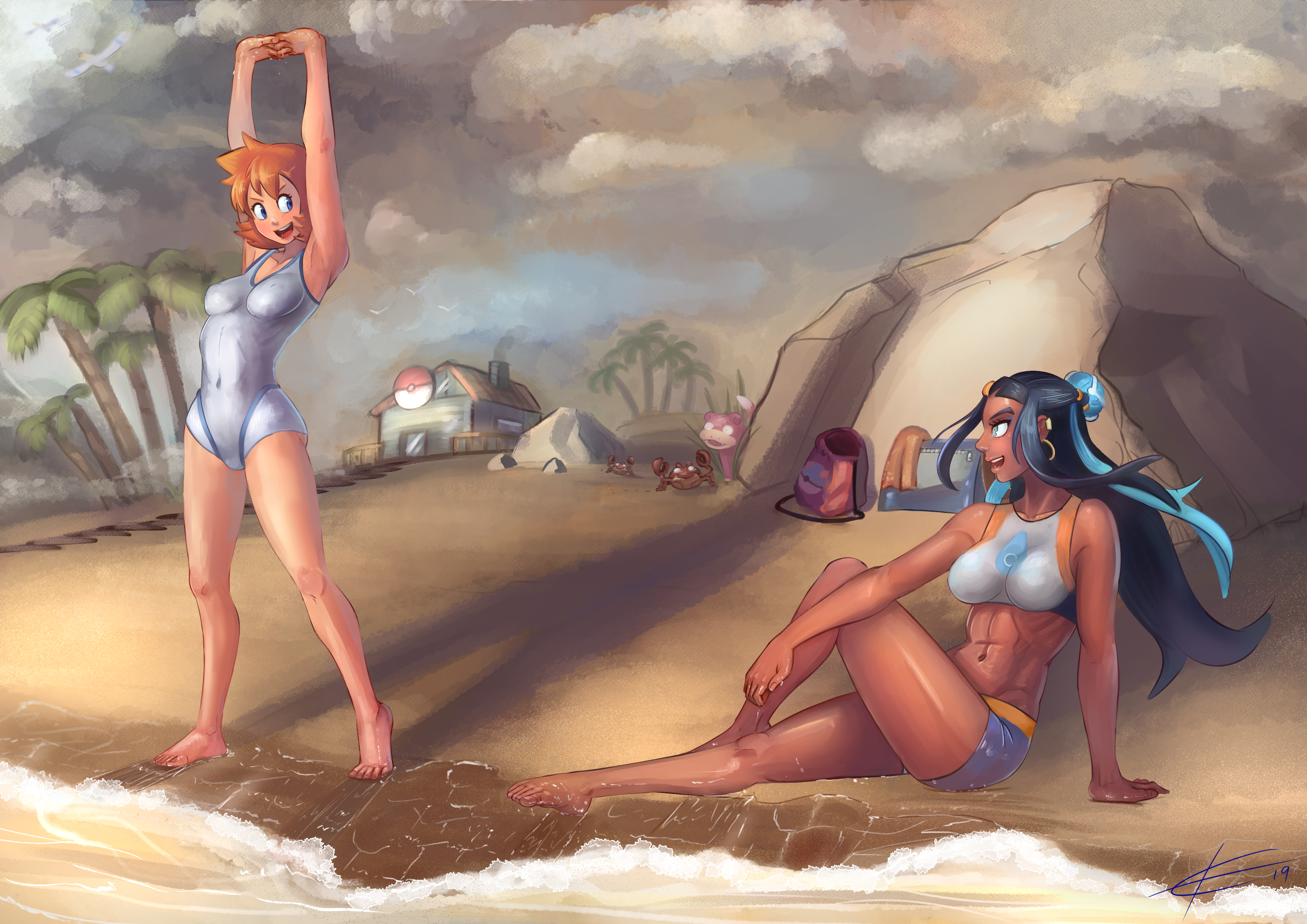 2girls, abs, alternative bust size, armpits, arms up, backpack, bag, barefoot, beach, beach house, black hair, black-haired female, blue eyes, blue hair, breasts, casual, clavicle, cloud, cloudy sky, dark skin, dark-skinned female, earrings, eltonel, extremely large filesize, feet, female, female only, full body, gen 1 pokemon, hat, high resolution, human, human only, jewelry, kasumi (pokemon), large breasts, large filesize, legs, long hair, looking at another, midriff, misty (pokemon), multicolored hair, multiple females, multiple girls, muscles, muscular, muscular female, navel, nessa (pokemon), orange hair, orange-haired female, outdoors, palm tree, poke ball, pokemon, pokemon (game), pokemon gsc, pokemon hgss, pokemon ss, public, red hair, ribs, short hair, sky, slowpoke, smile, stretch, swimwear, thick thighs, thighs, toes, tomboy, tree, uncensored, very high resolution, water