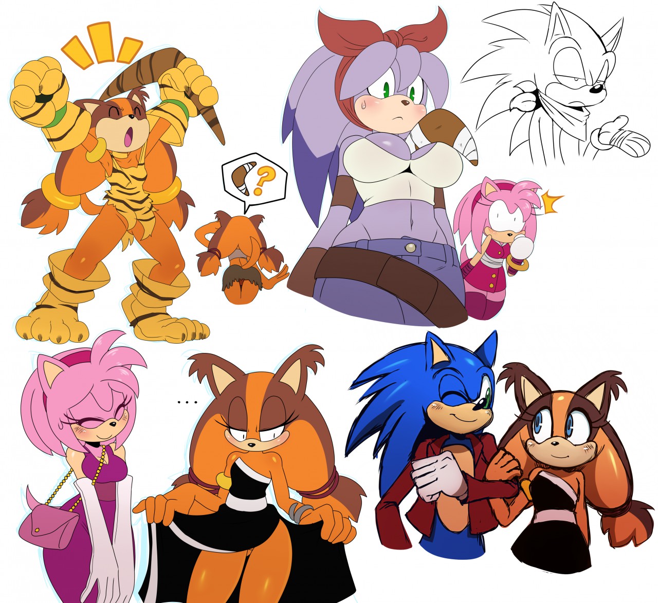 1boy, 3girls, amy rose, amy rose (boom), female, lady sticks, male, sonic (series), sonic boom, sonic the hedgehog, sssonic2, sticks the badger