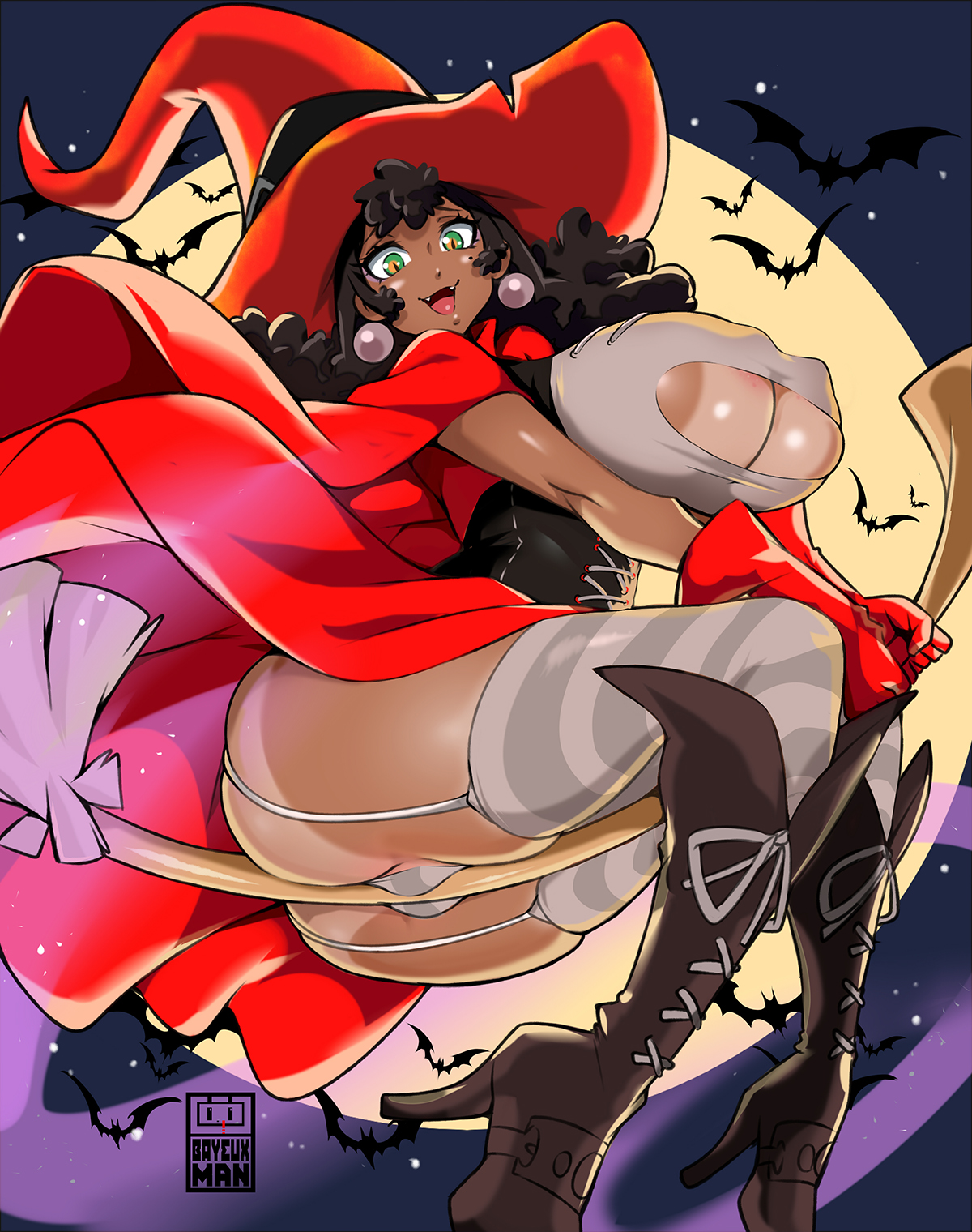 1girls, ass, bayeuxman, big breasts, boob window, breasts, broom, covered nipples, female, floating, halloween, hat, huge breasts, large breasts, original, original character, outdoors, solo, tail, tanline, thick thighs, thighhighs, thighs, wide hips, witch, witch hat