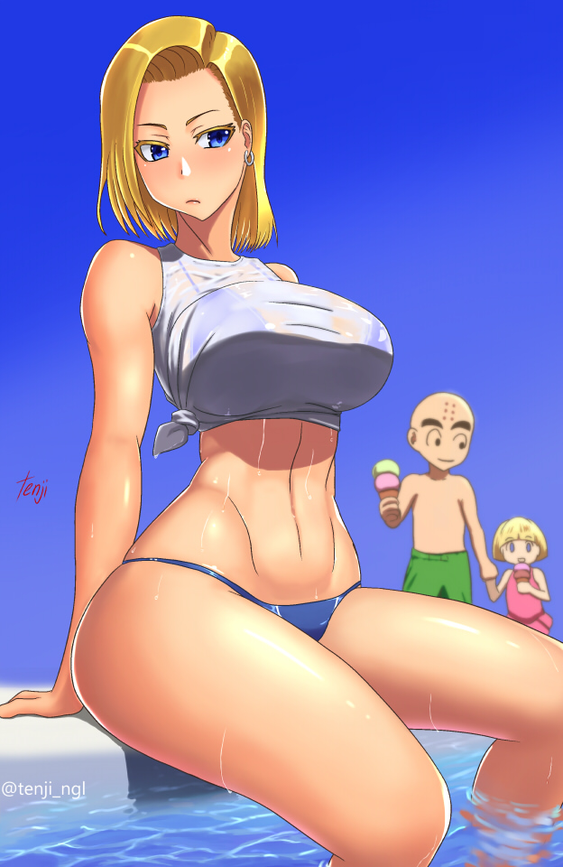 1boy 2018 2girls android_18 artist_name bald bare_arms bare_shoulders bikini bikini_under_clothes blonde_hair blue_bikini blue_eyes breasts dragon_ball dragon_ball_z earrings facial_markings family father_and_daughter female female_focus food forehead_mark holding_hands hoop_earrings husband_and_wife ice_cream jewelry krillin kuririn large_breasts looking_at_another looking_back male male_swimwear marron mother_and_daughter multiple_girls navel outdoors partially_submerged pool see-through see-through_clothing shirt short_hair signature sitting sky sleeveless sleeveless_shirt smile soaking_feet solo_focus swim_trunks swimsuit tenji thick_eyebrows thick_thighs thighs tied_shirt toned toned_female topless twitter_username water watermark wet wet_clothes