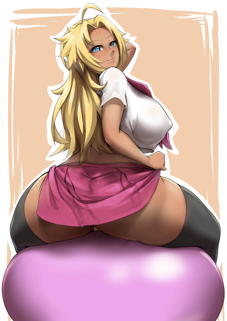 back back_to_viewer big_breasts blonde_hair blue_eyes dark-skinned_female dark_skin energy_kyouka!! erect_nipples_under_clothes ganguro gyaru large_breasts leggings mostly_clothed packge panties shiraishi_kyouka short_skirt sitting skirt spiky_hair tan_background thighhighs thighs white_background white_shirt